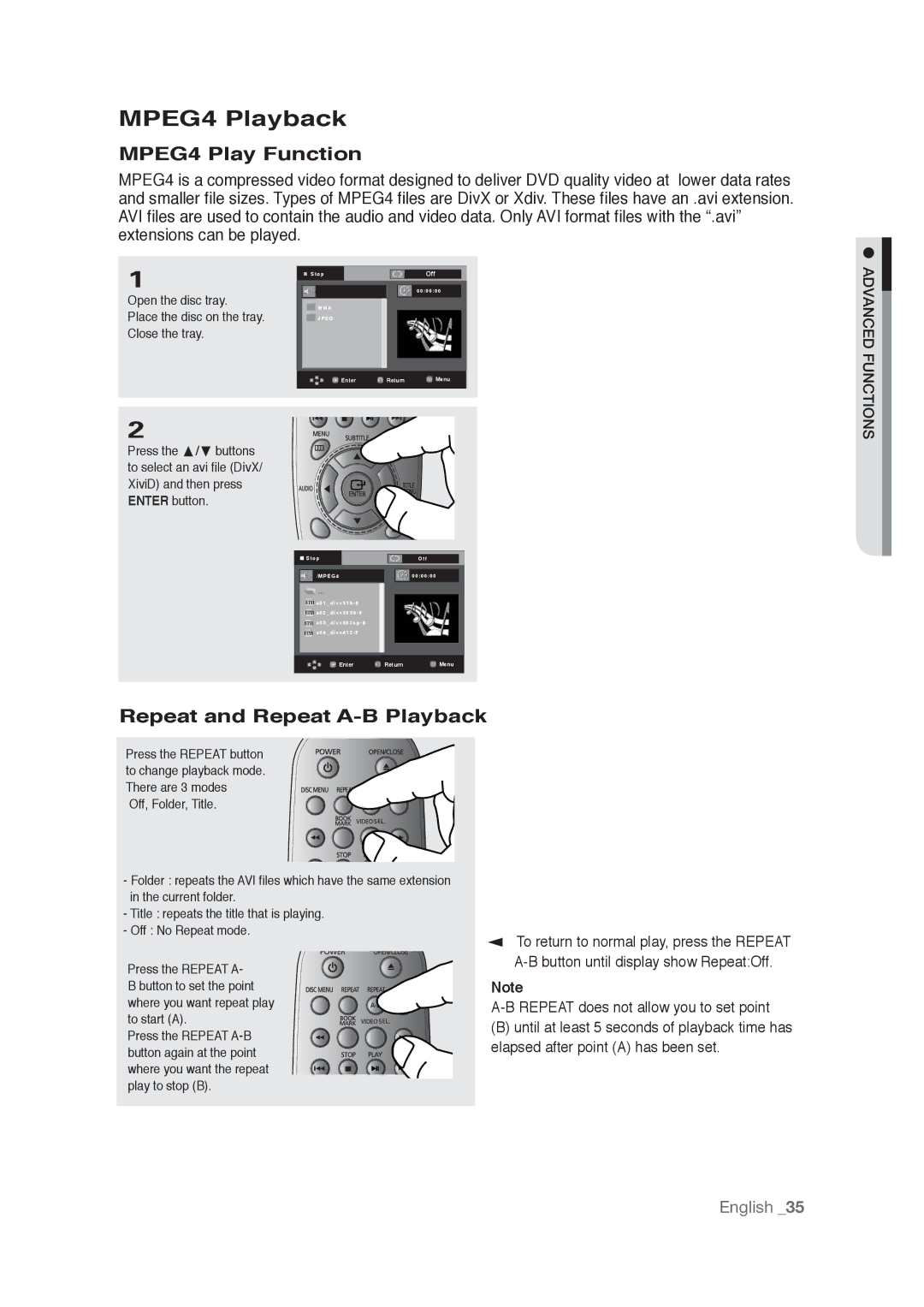 Samsung AK68-01765A user manual MPEG4 Playback, MPEG4 Play Function, Repeat and Repeat A-B Playback 