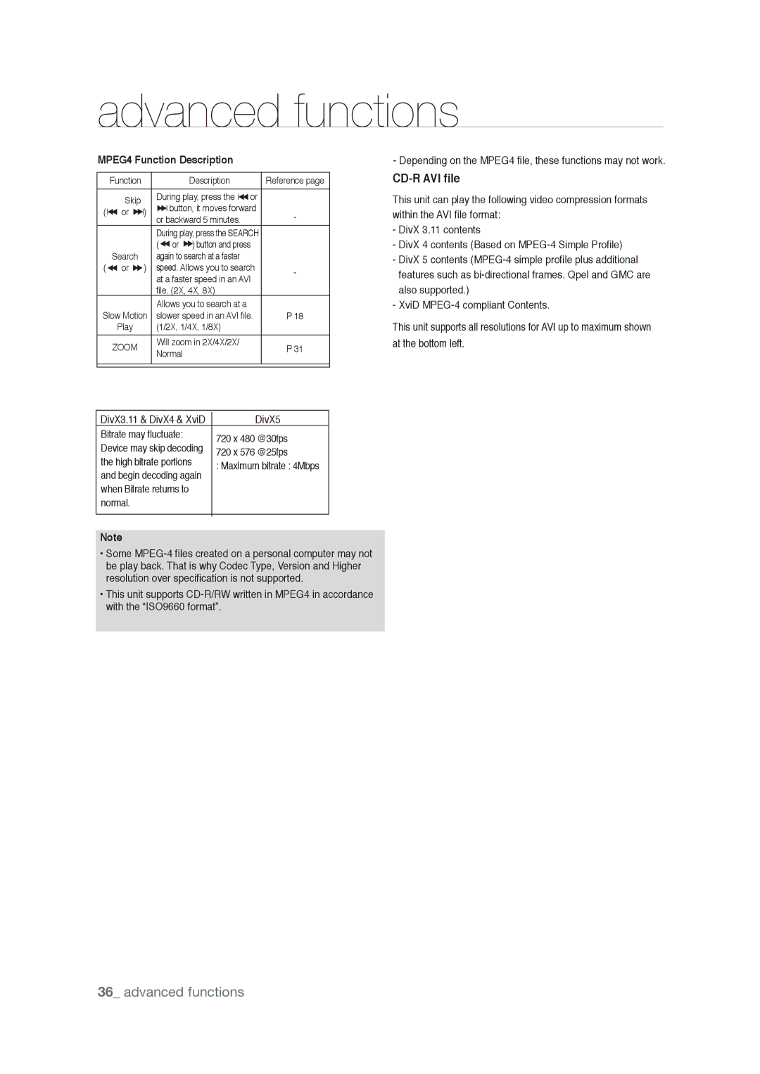 Samsung AK68-01765A user manual CD-R AVI file, MPEG4 Function Description 