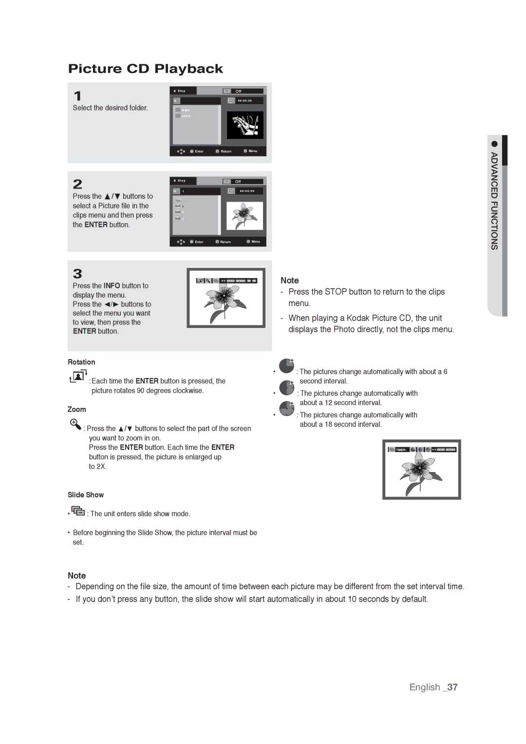 Samsung AK68-01765A user manual Picture CD Playback, Rotation, Zoom, Slide Show 