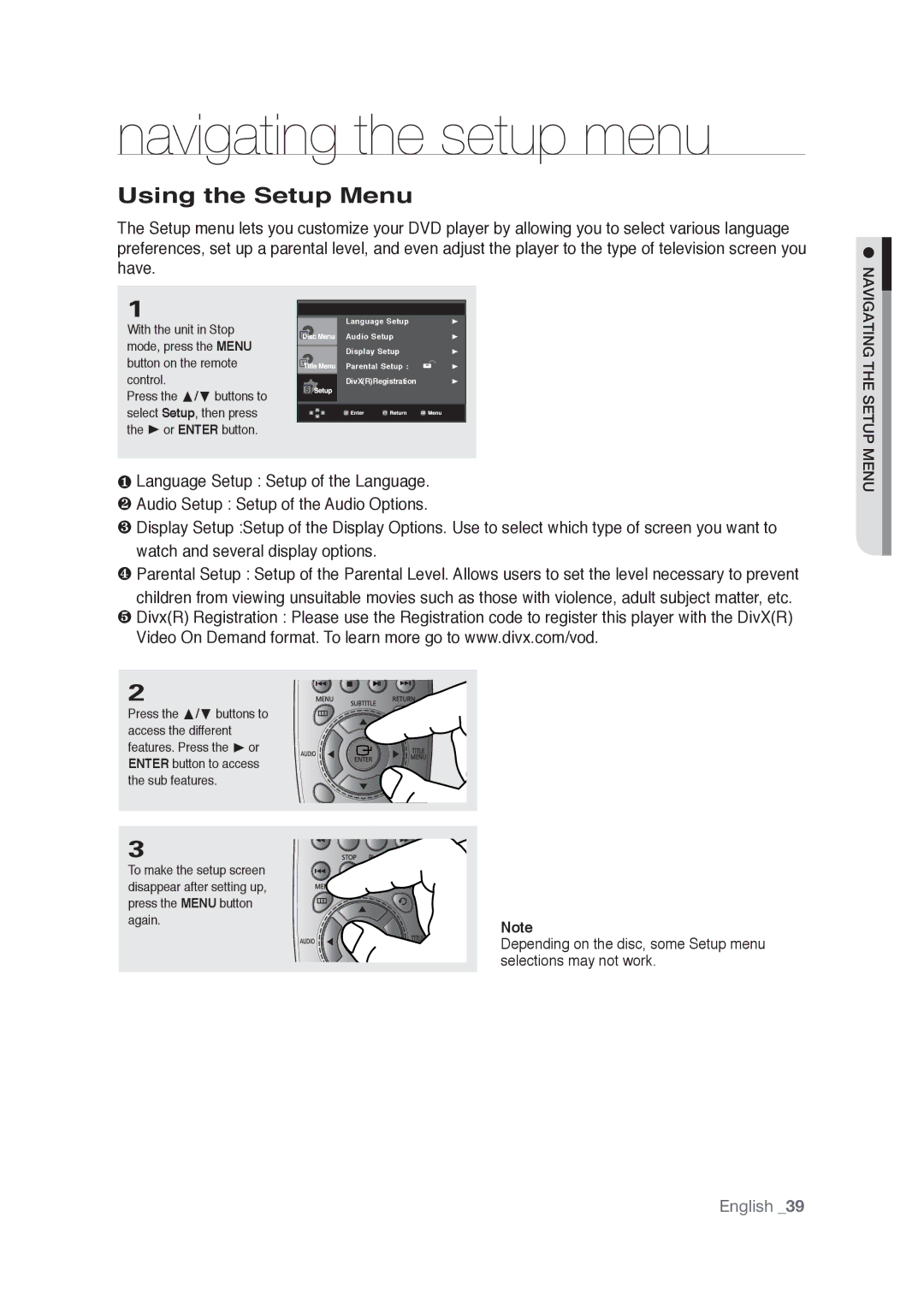 Samsung AK68-01765A user manual Navigating the setup menu, Using the Setup Menu 