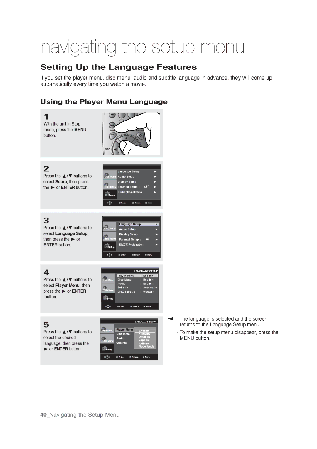 Samsung AK68-01765A user manual Setting Up the Language Features, Using the Player Menu Language 