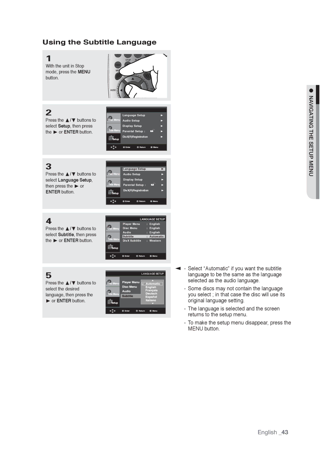 Samsung AK68-01765A user manual Using the Subtitle Language, Select Automatic if you want the subtitle 