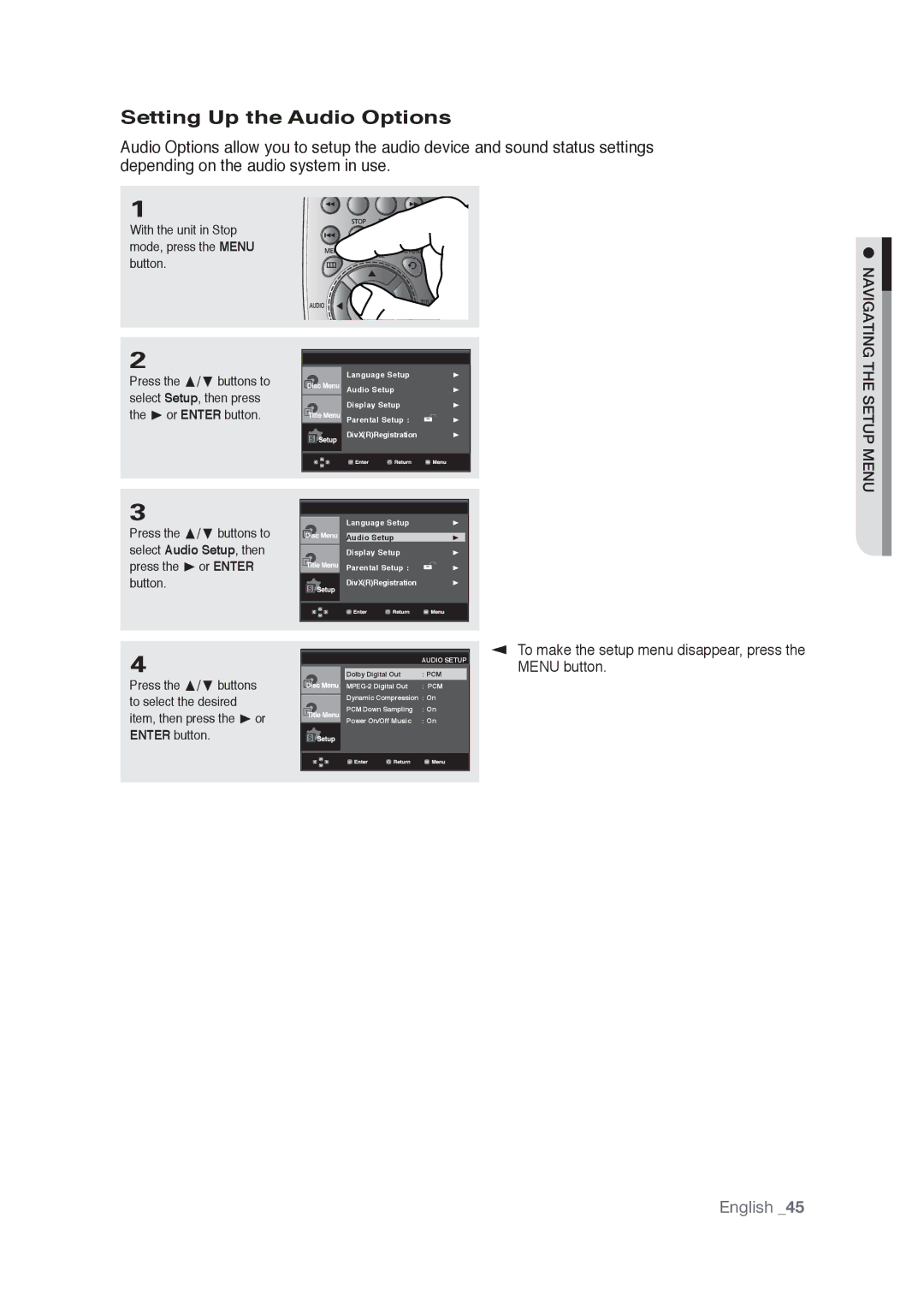 Samsung AK68-01765A user manual Setting Up the Audio Options, Navigating the Setup Menu 