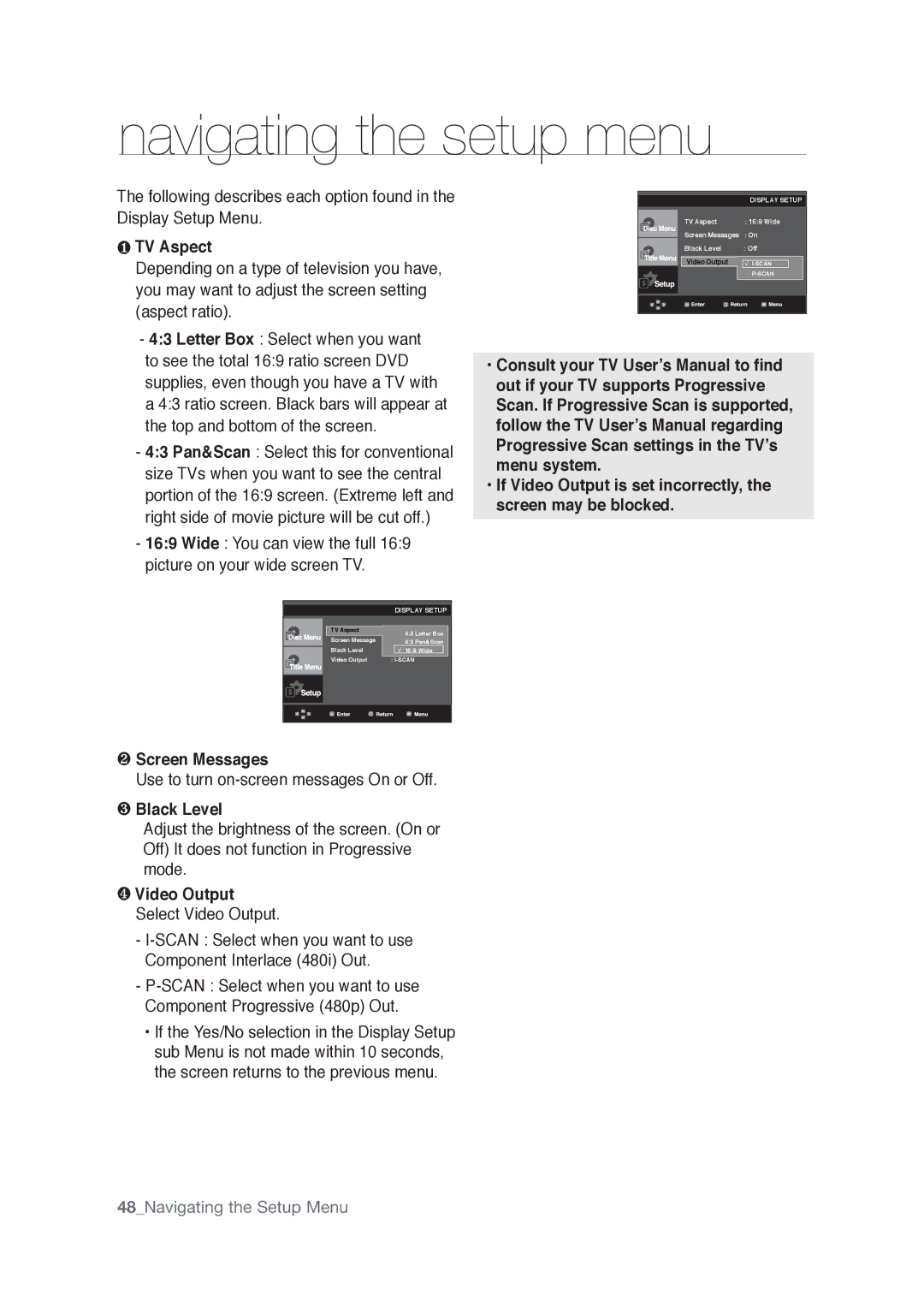 Samsung AK68-01765A user manual ❶ TV Aspect, ❸ Black Level, ❹ Video Output Select Video Output 