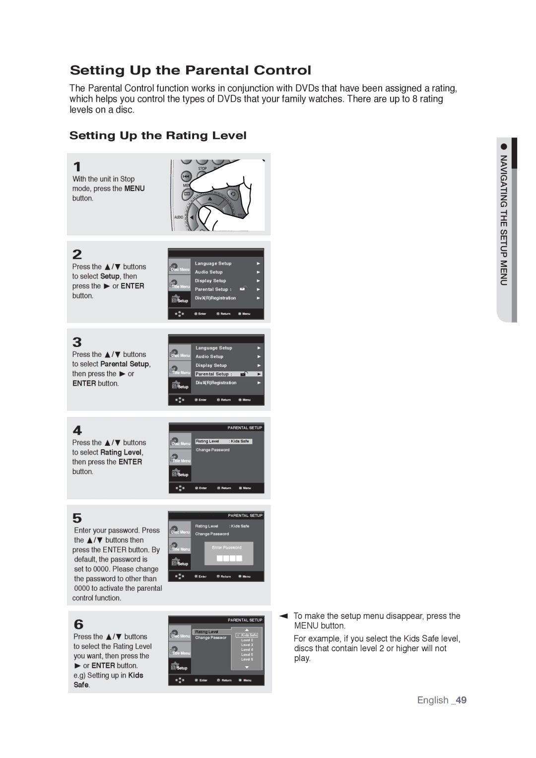 Samsung AK68-01765A user manual Setting Up the Parental Control, Setting Up the Rating Level 