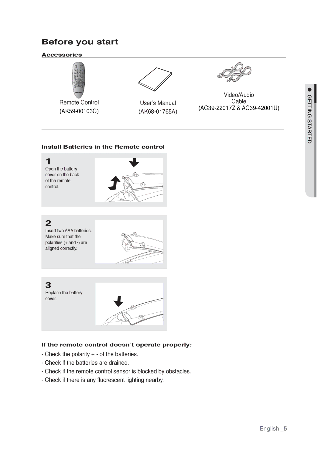 Samsung AK68-01765A user manual Before you start, Accessories, Install Batteries in the Remote control 