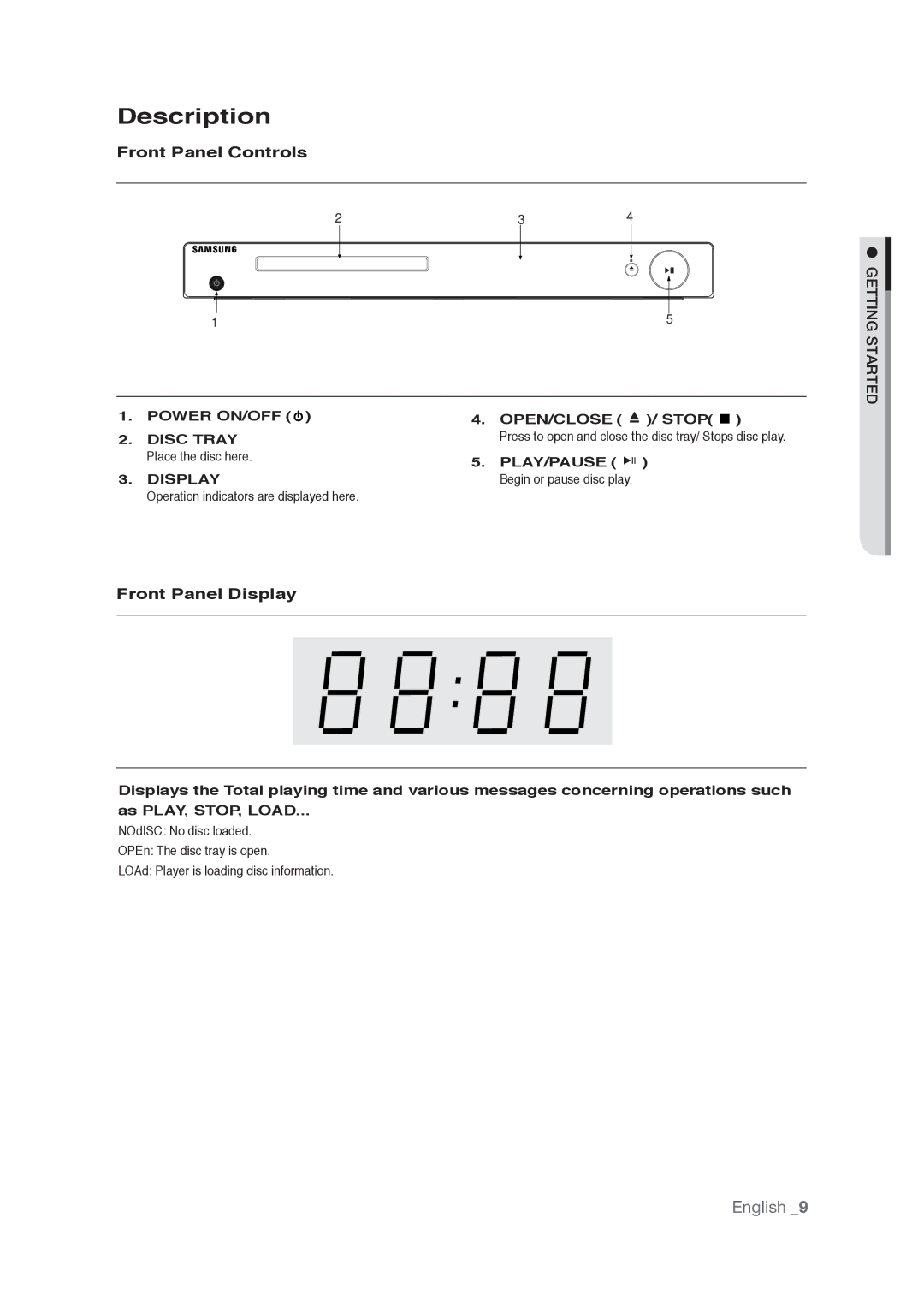 Samsung AK68-01765A user manual Description, Front Panel Controls, Front Panel Display 