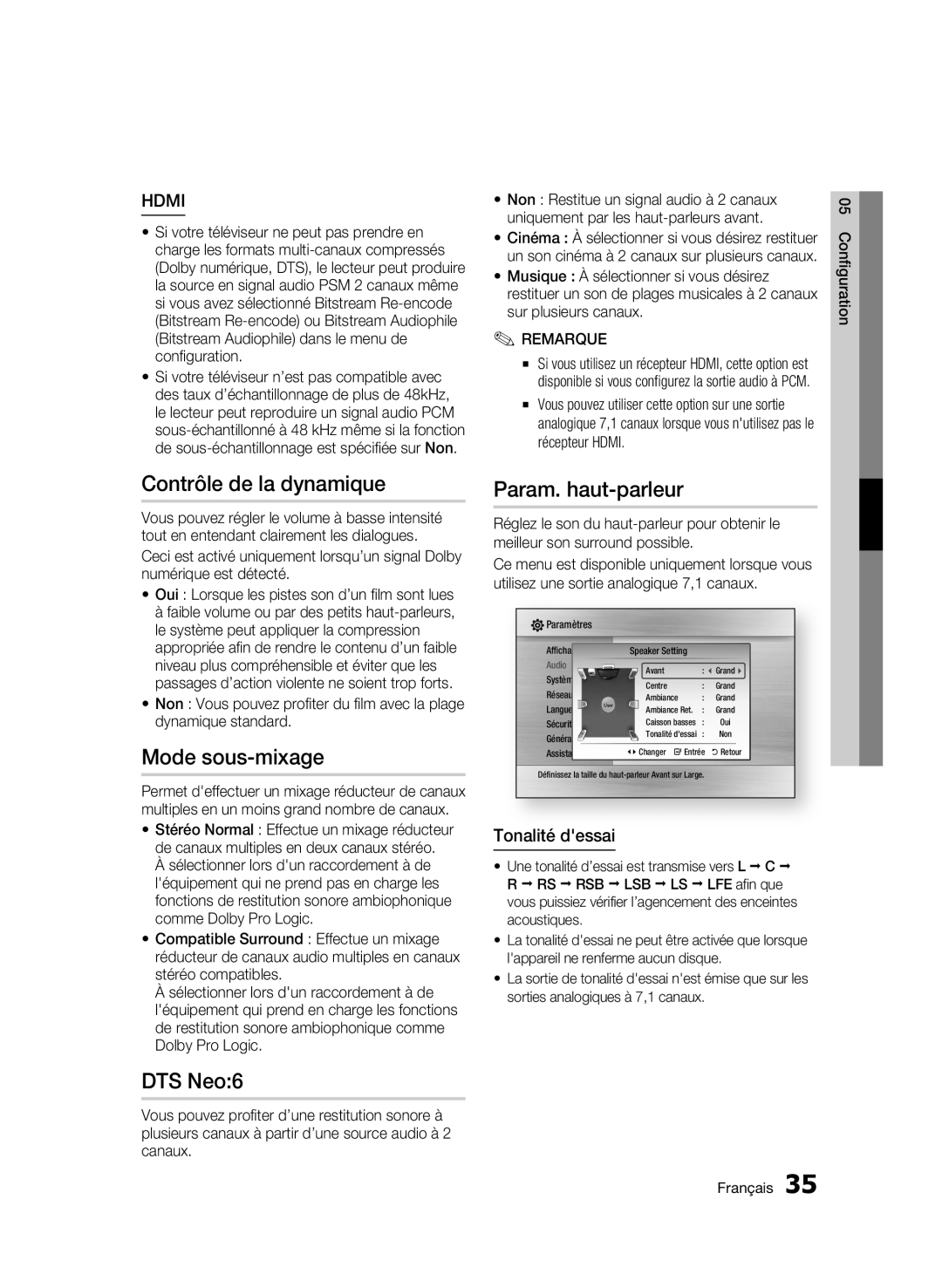 Samsung AK68-01859B Contrôle de la dynamique, Mode sous-mixage, Param. haut-parleur, Tonalité dessai, Configuration 