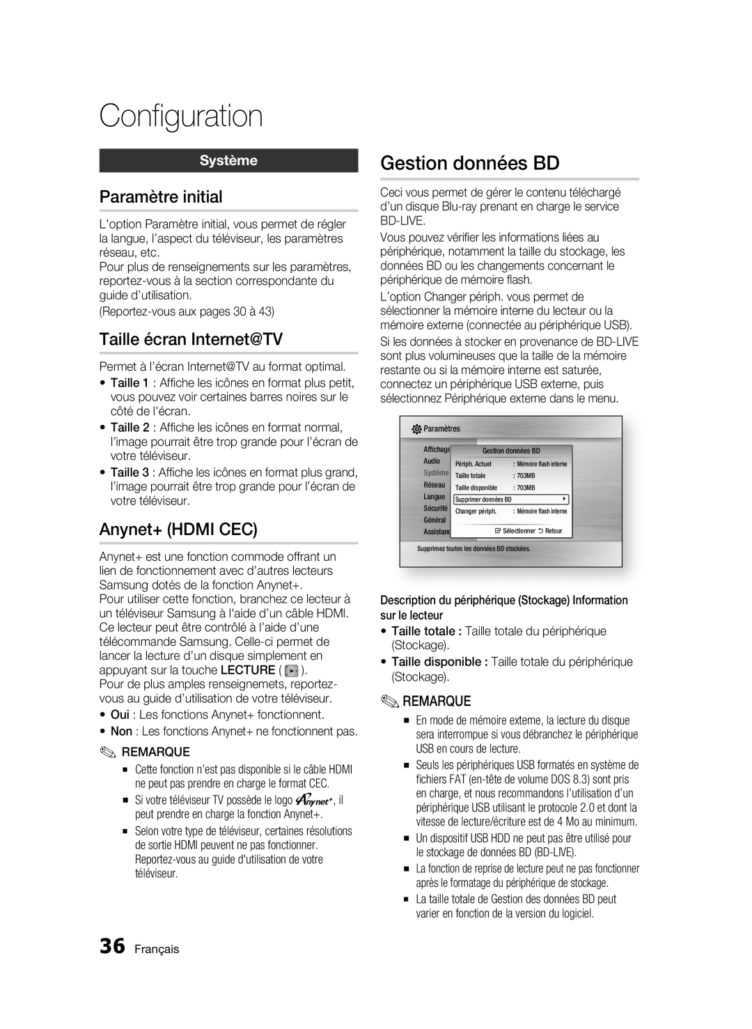 Samsung AK68-01859B user manual Paramètre initial, Taille écran Internet@TV, Anynet+ Hdmi CEC, Système 