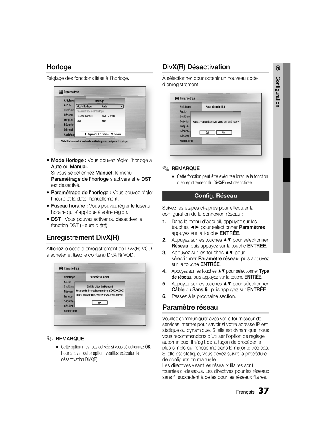 Samsung AK68-01859B user manual Horloge, DivXR Désactivation, Enregistrement DivXR, Paramètre réseau, Config. Réseau 