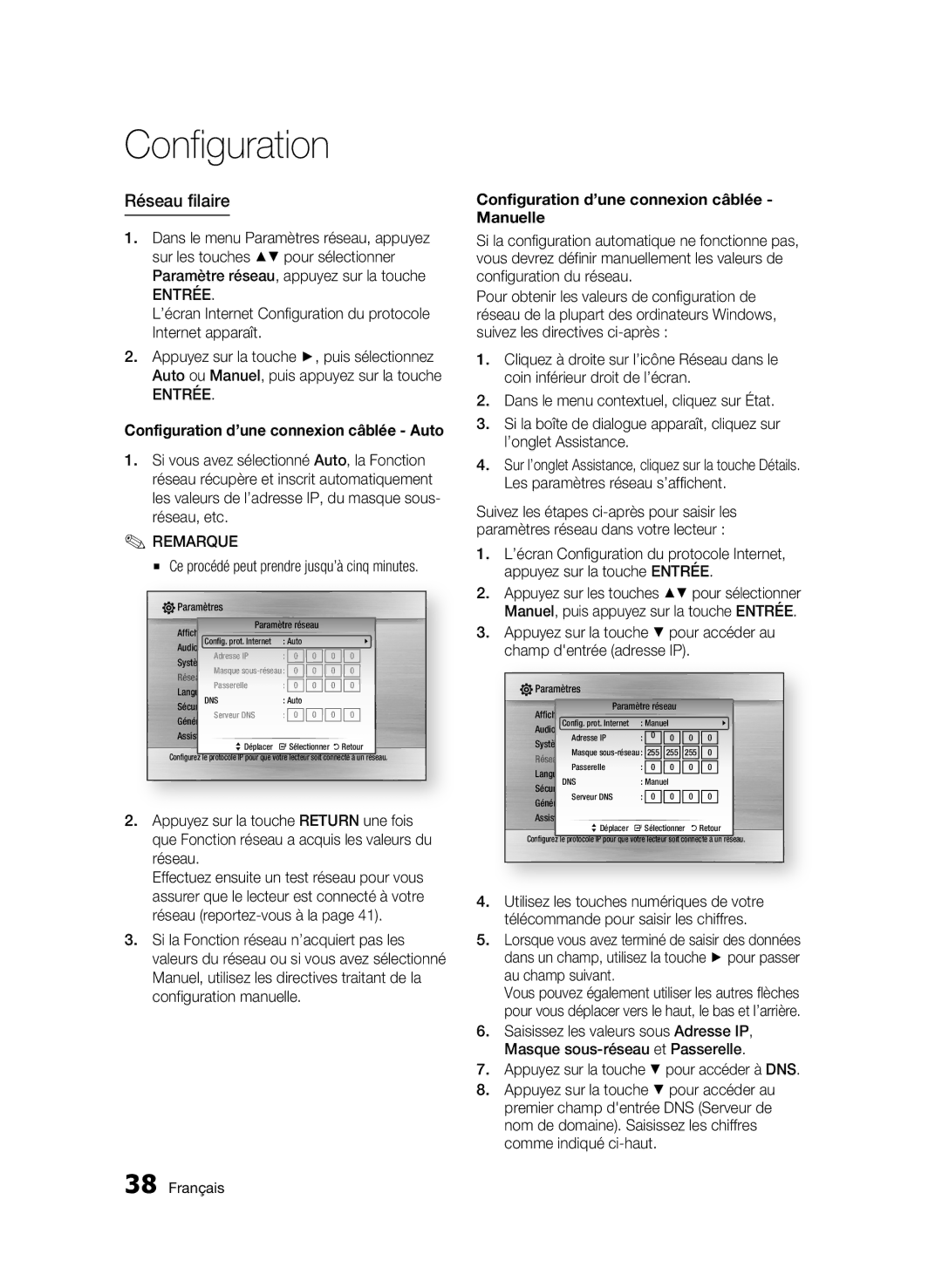 Samsung AK68-01859B user manual Réseau filaire, Configuration d’une connexion câblée Manuelle 