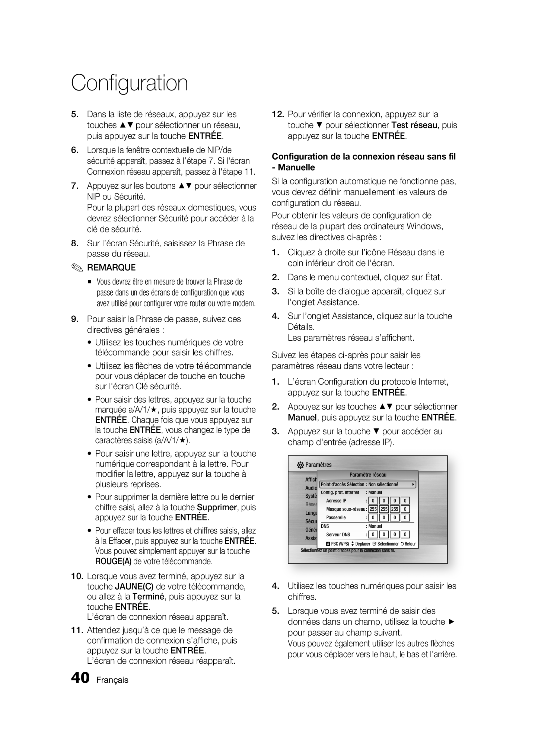 Samsung AK68-01859B user manual Configuration de la connexion réseau sans fil Manuelle, Général DNS 