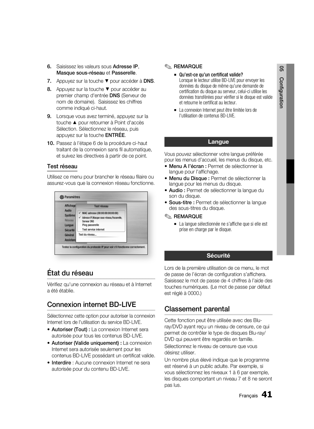 Samsung AK68-01859B user manual État du réseau, Connexion internet BD-LIVE, Classement parental, Langue, Sécurité 