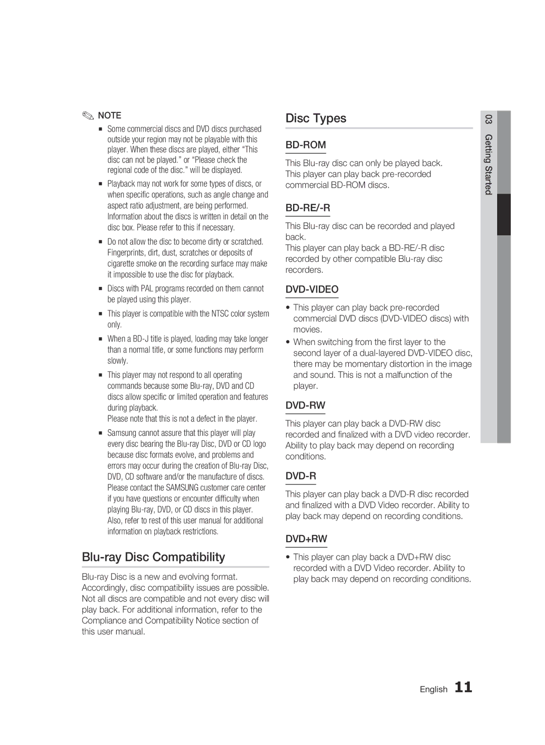 Samsung AK68-01859B user manual Blu-ray Disc Compatibility Disc Types, Getting Started English 