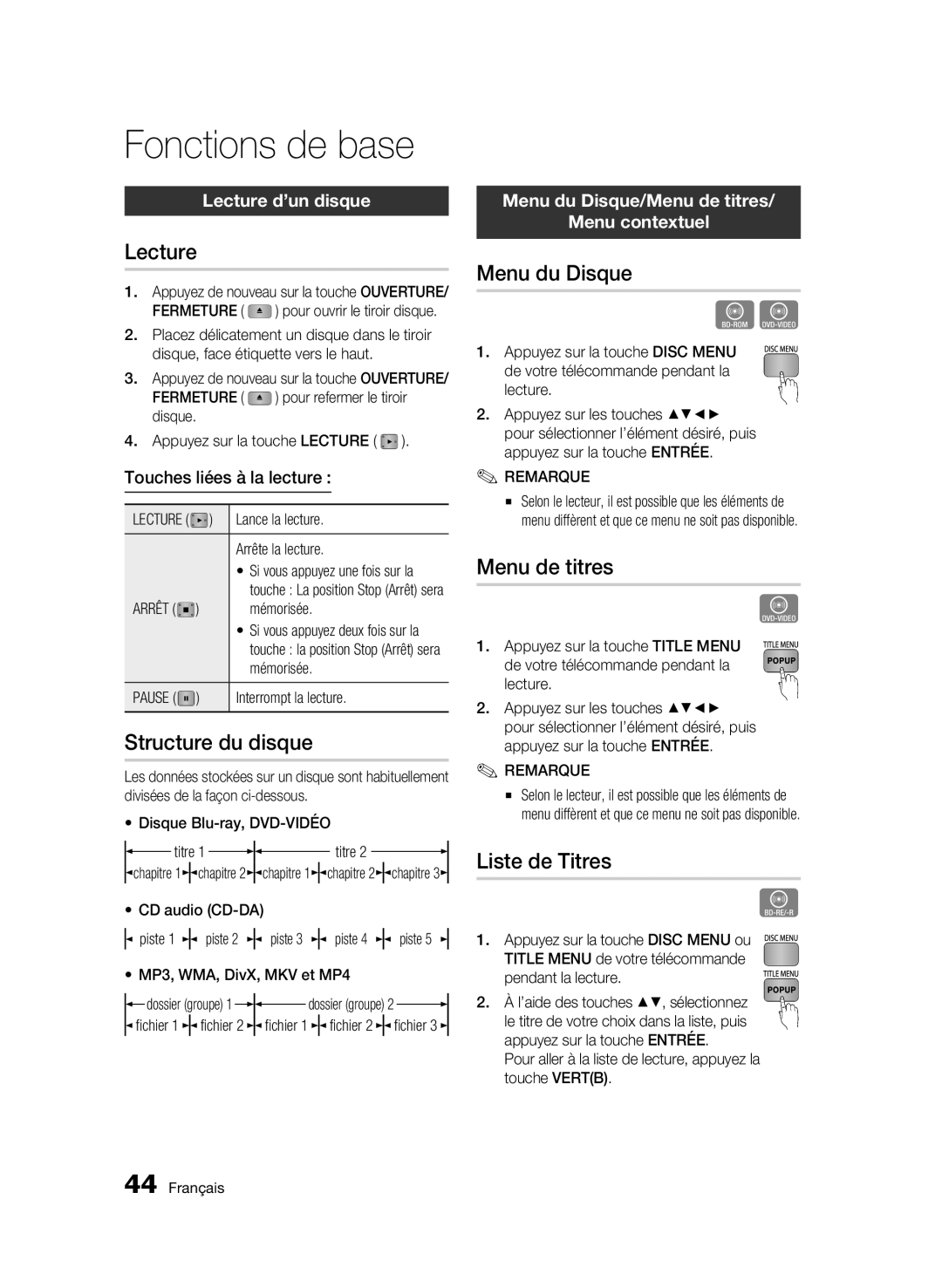 Samsung AK68-01859B user manual Fonctions de base 