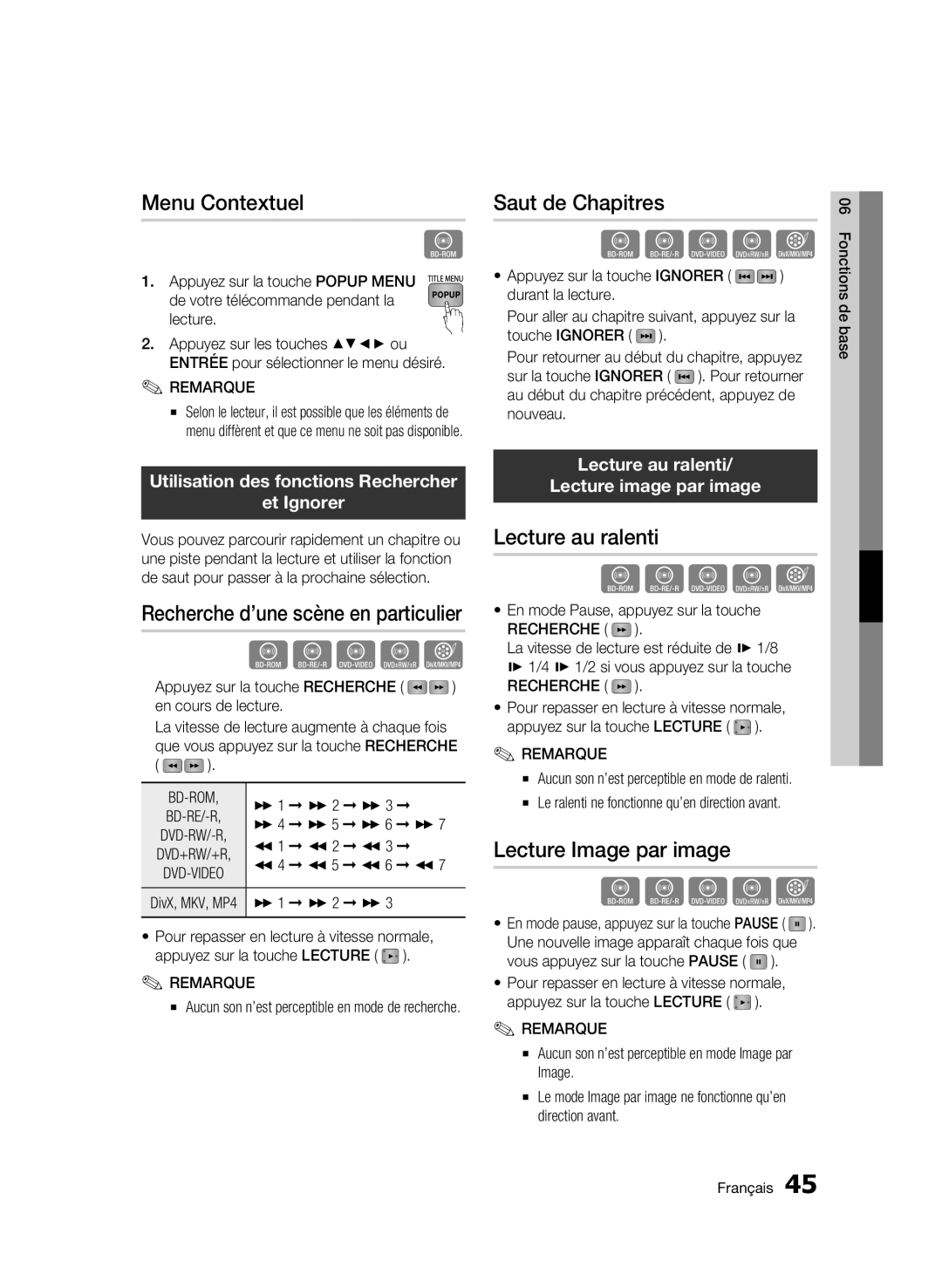 Samsung AK68-01859B user manual Menu Contextuel, Saut de Chapitres, Lecture au ralenti, Lecture Image par image 