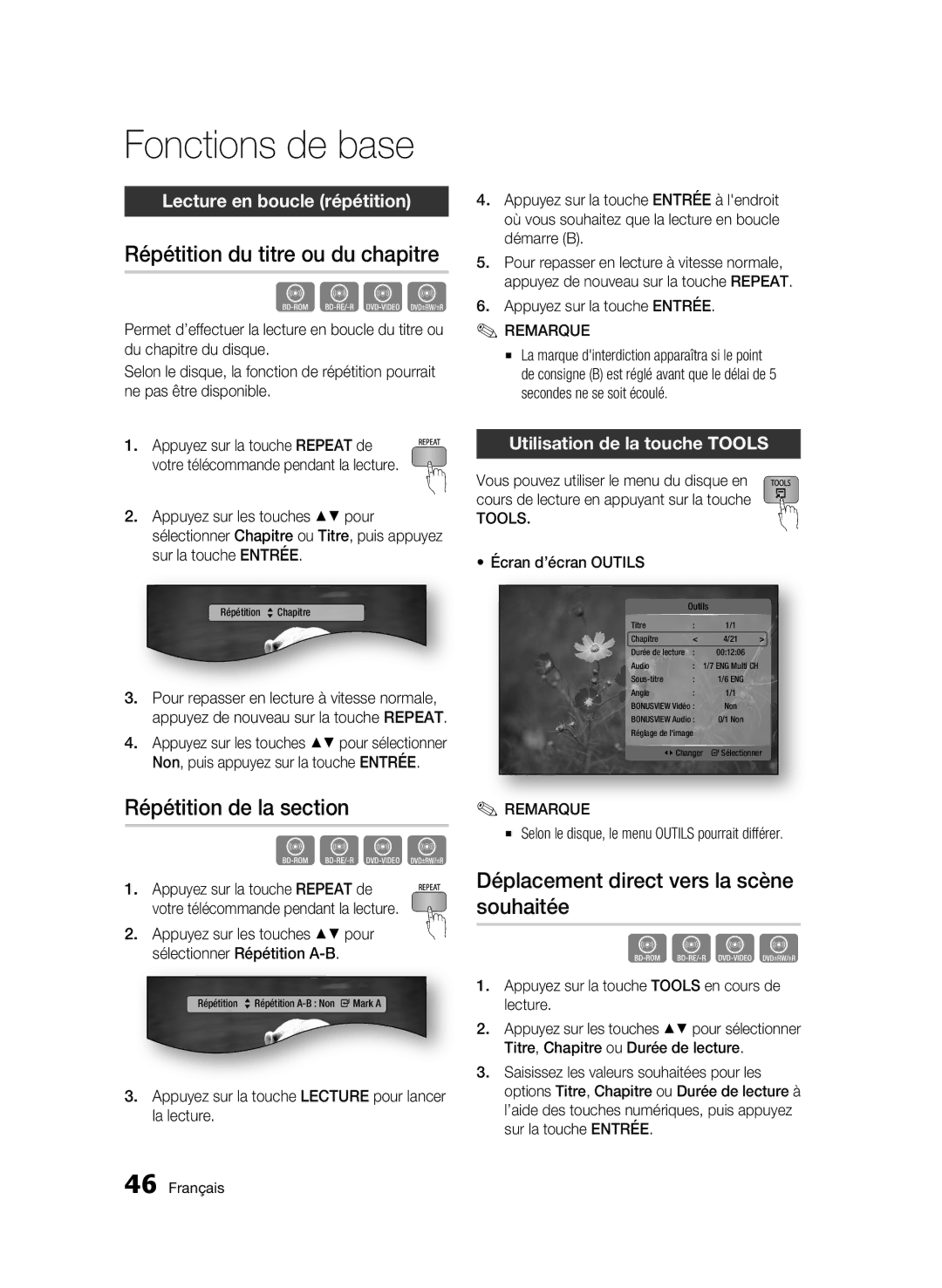 Samsung AK68-01859B user manual Répétition du titre ou du chapitre, Répétition de la section, Lecture en boucle répétition 