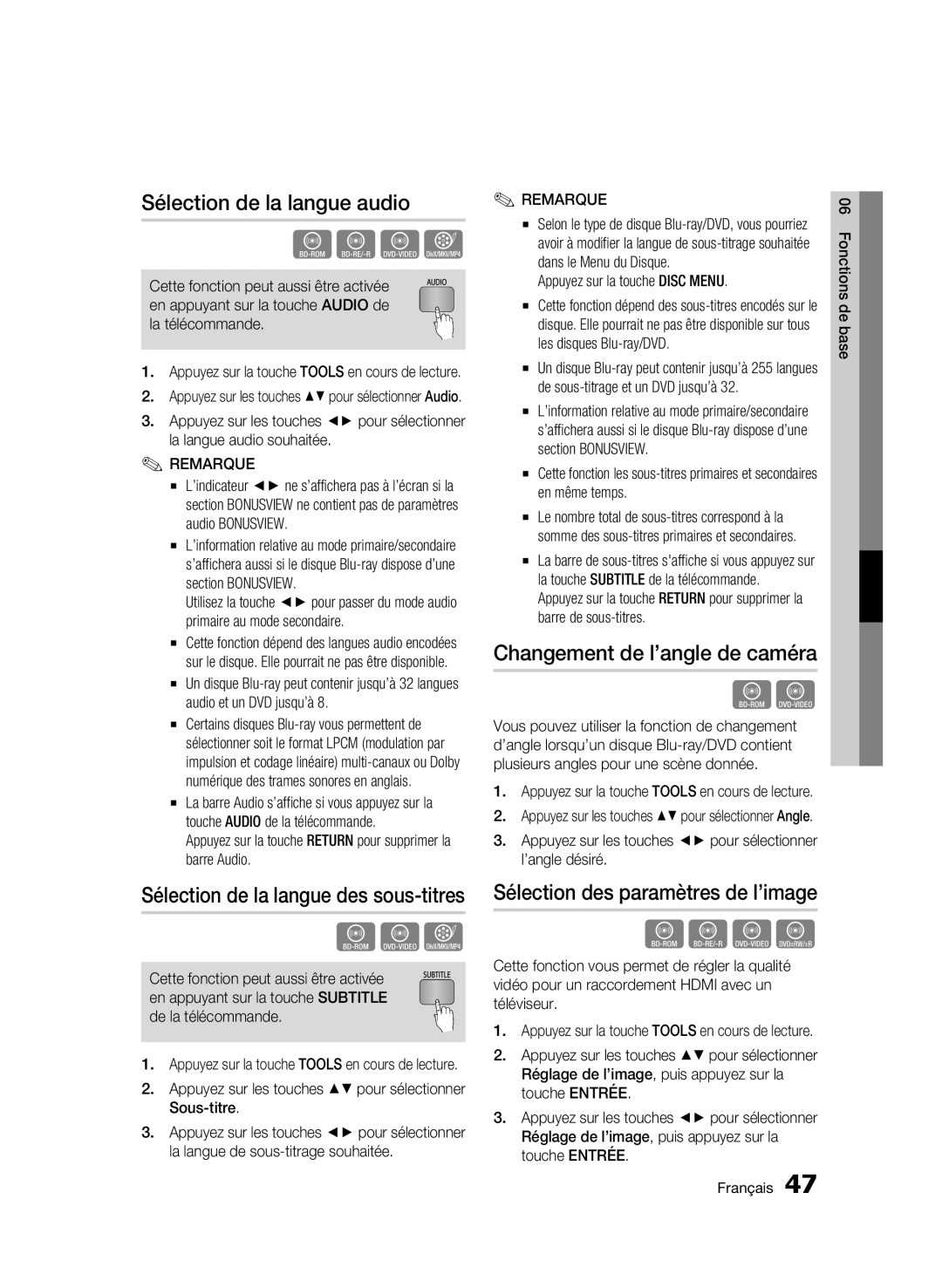 Samsung AK68-01859B user manual Sélection de la langue audio, Changement de l’angle de caméra 