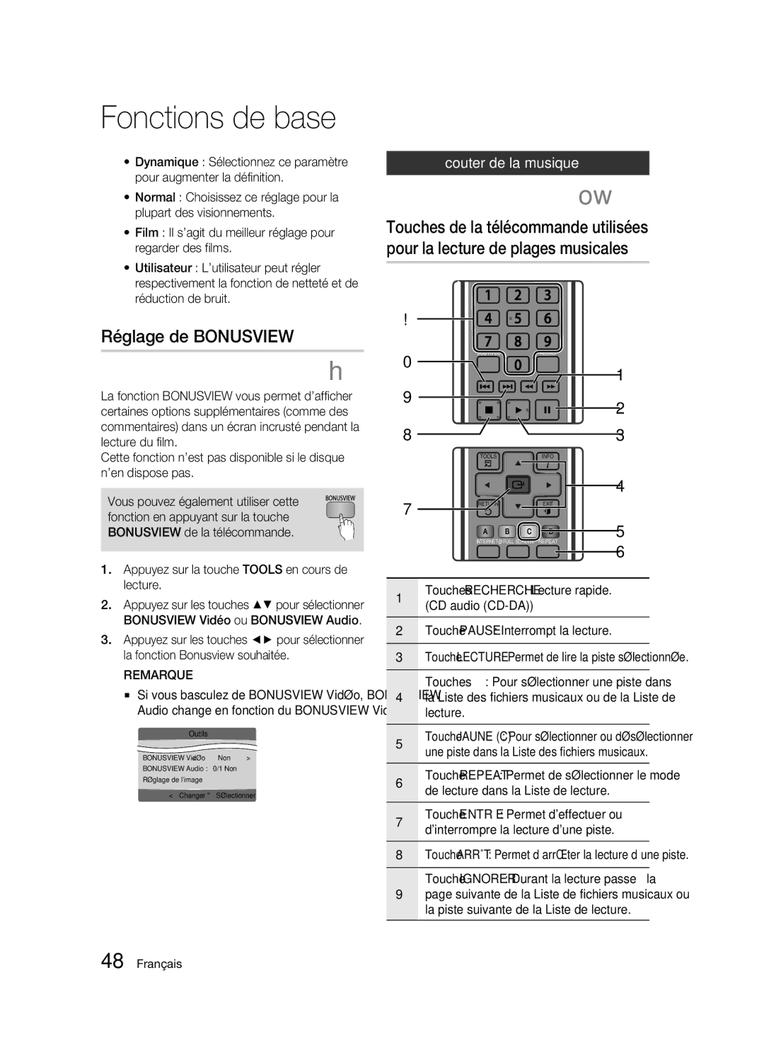 Samsung AK68-01859B user manual Réglage de Bonusview, Écouter de la musique 