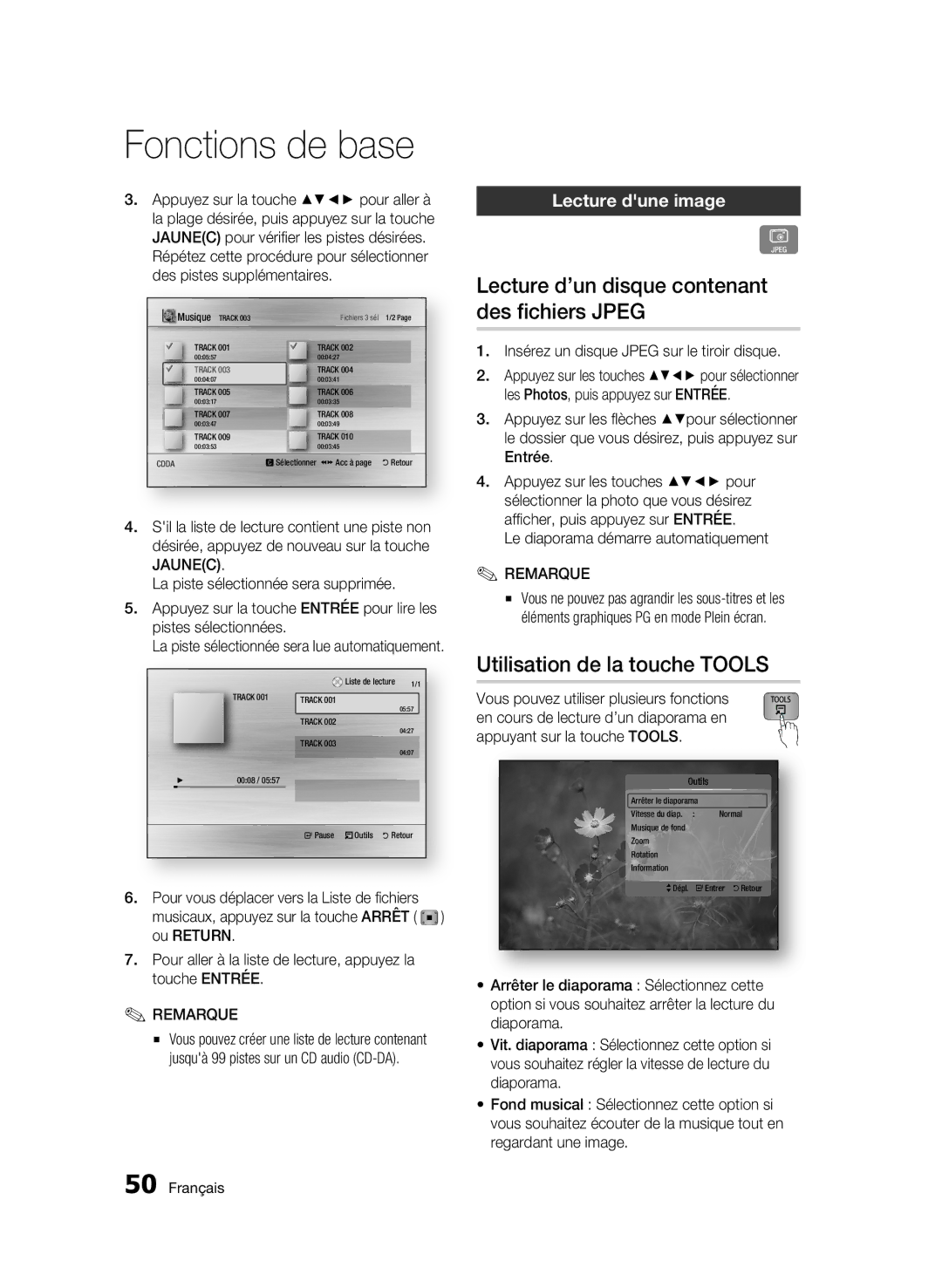 Samsung AK68-01859B Lecture d’un disque contenant des fichiers Jpeg, Utilisation de la touche Tools, Lecture dune image 