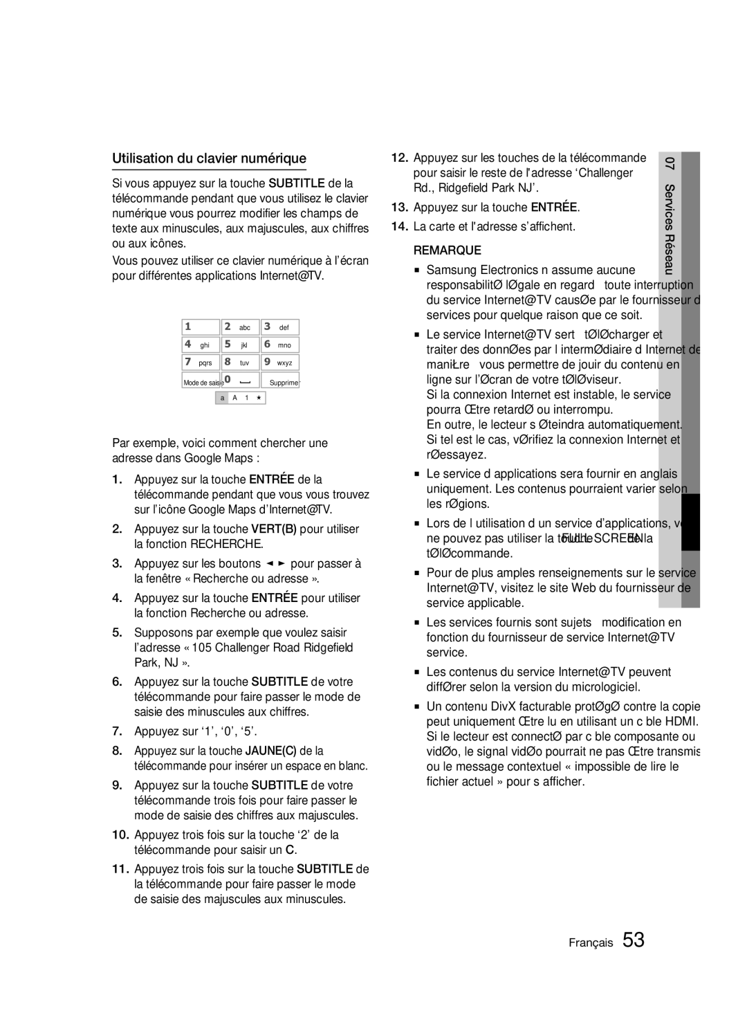 Samsung AK68-01859B user manual Utilisation du clavier numérique, Appuyez sur ‘1’, ‘0’, ‘5’, Services Réseau Français 