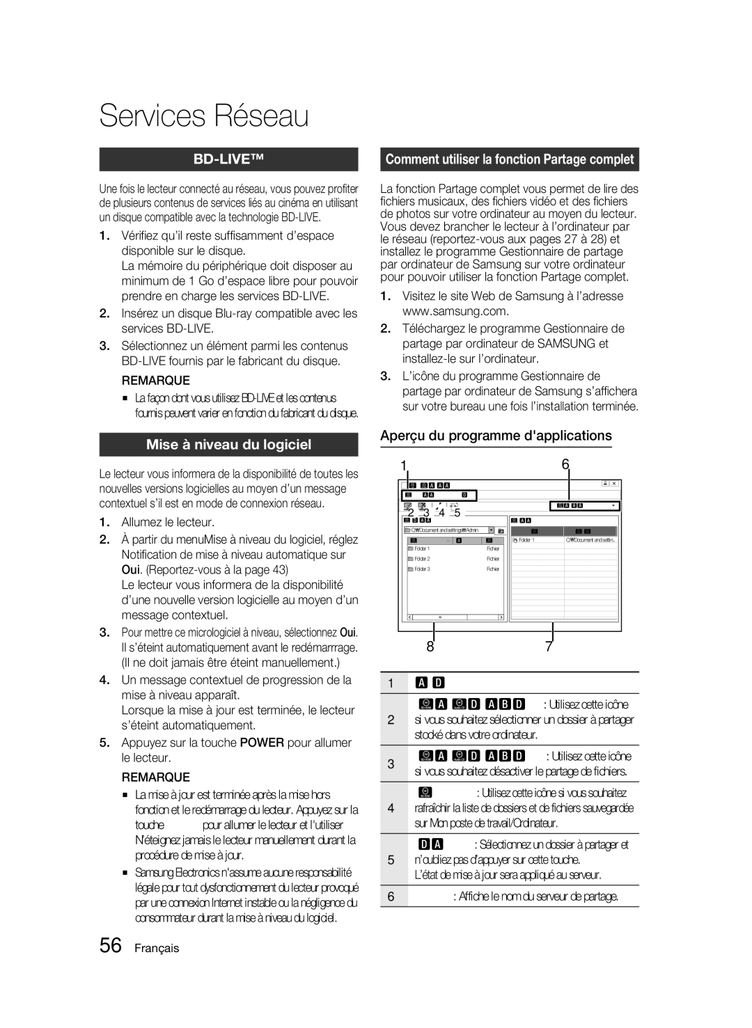 Samsung AK68-01859B user manual Mise à niveau du logiciel, Comment utiliser la fonction Partage complet 