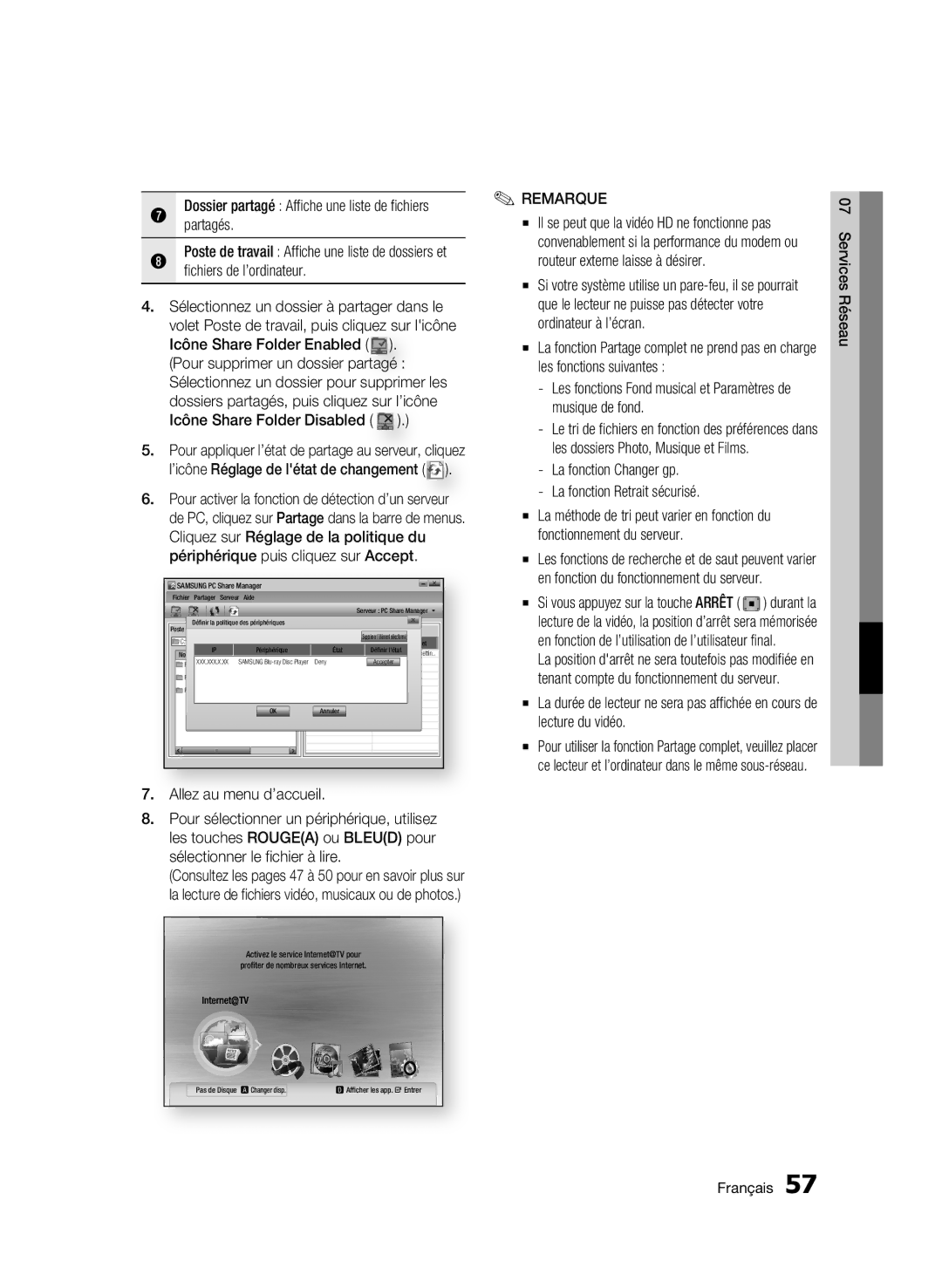 Samsung AK68-01859B user manual Partagés, Les fonctions Fond musical et Paramètres de musique de fond 