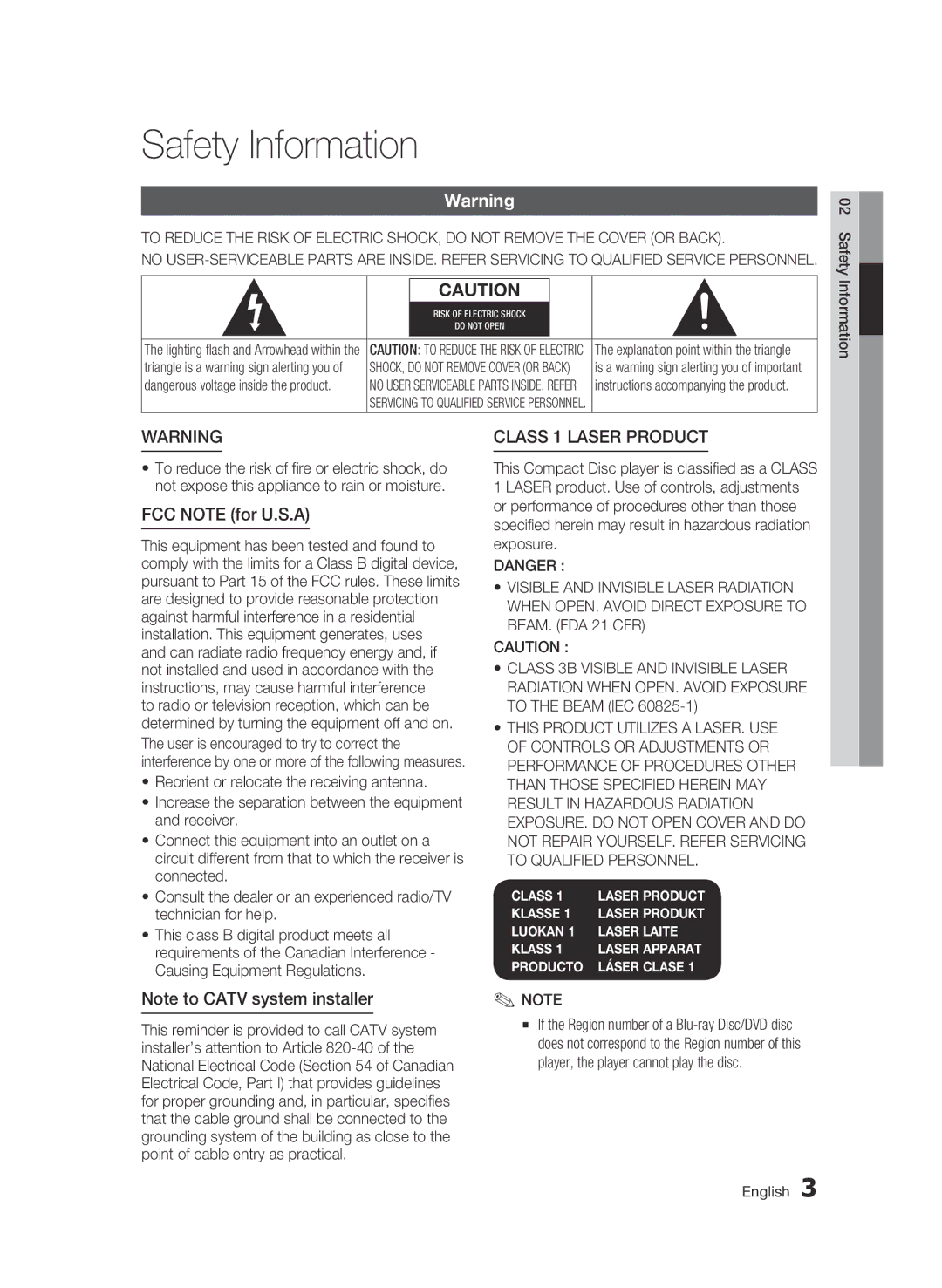 Samsung AK68-01859B user manual Safety Information, FCC Note for U.S.A, Class 1 Laser product, English  