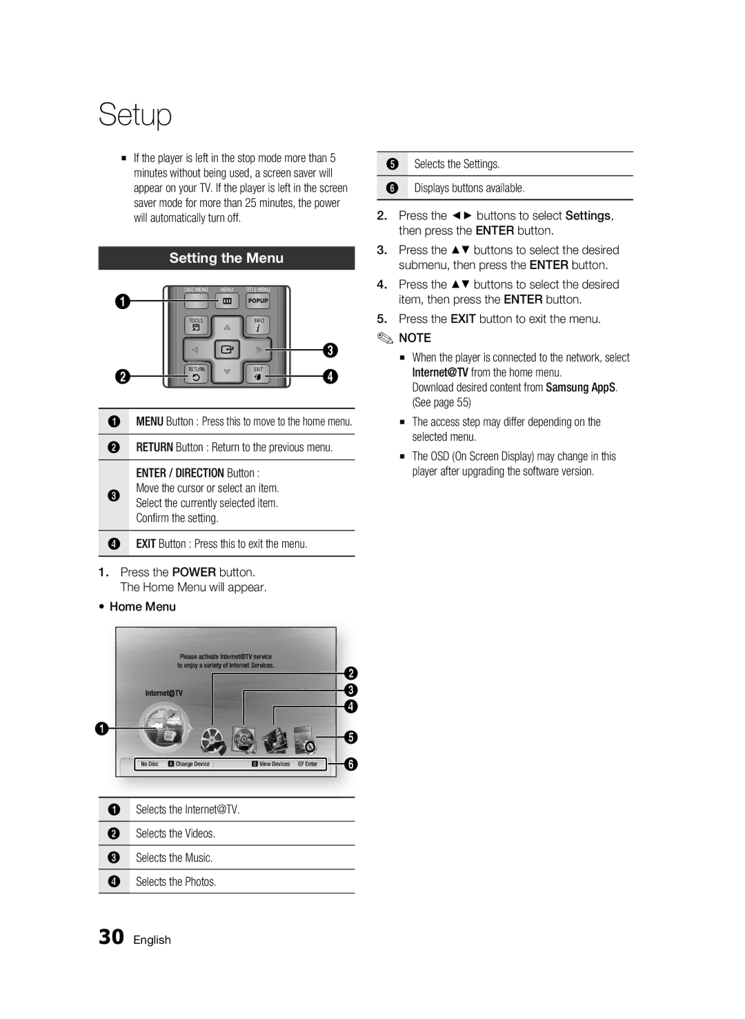 Samsung AK68-01859B user manual Setting the Menu, Exit Button Press this to exit the menu, Home Menu 