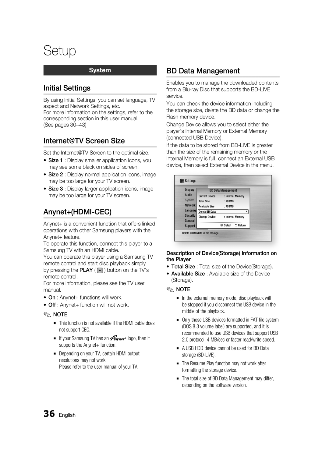 Samsung AK68-01859B user manual Initial Settings, Internet@TV Screen Size, Anynet+HDMI-CEC, BD Data Management, System 