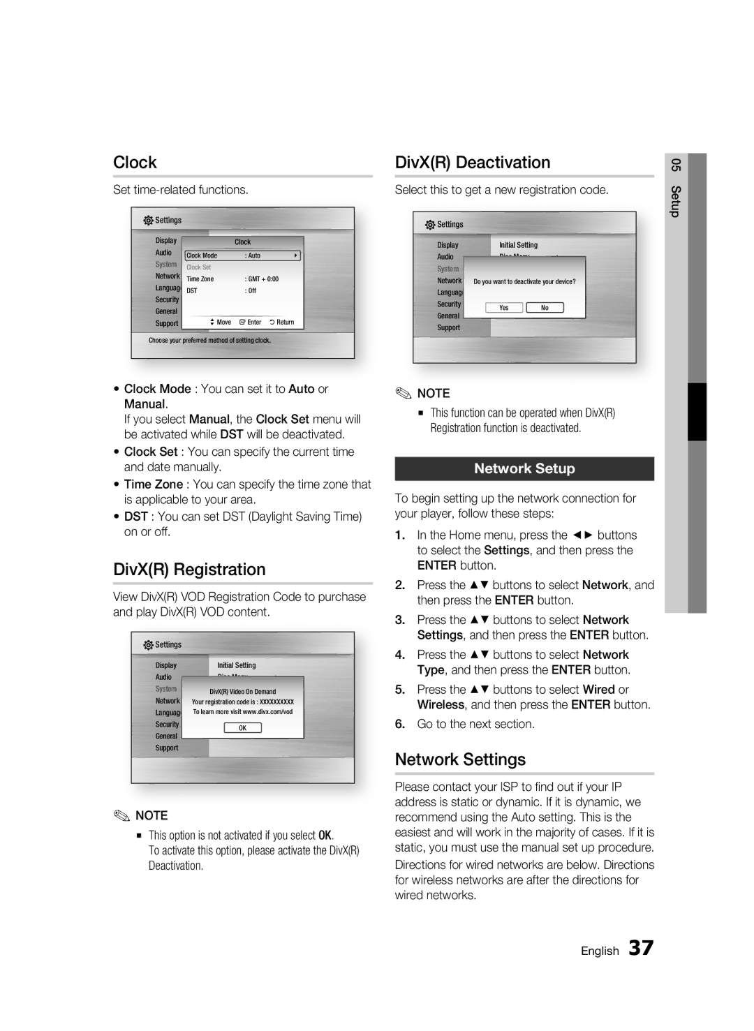 Samsung AK68-01859B user manual Clock, DivXR Deactivation, DivXR Registration, Network Settings, Network Setup 