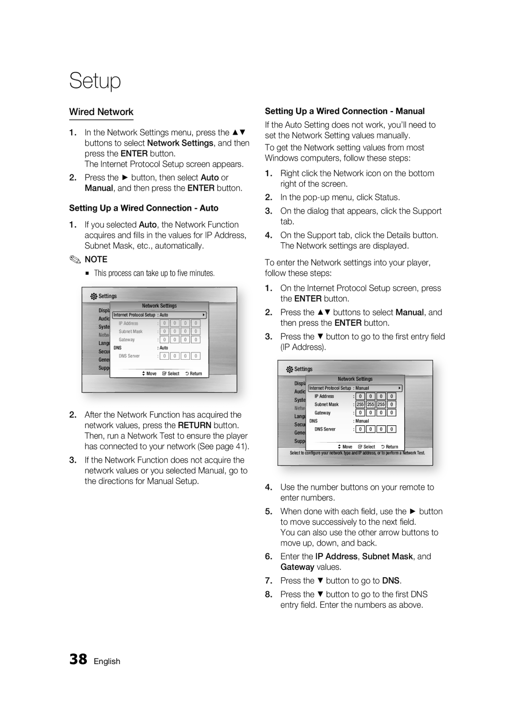 Samsung AK68-01859B user manual Wired Network, Setting Up a Wired Connection Auto, This process can take up to five minutes 