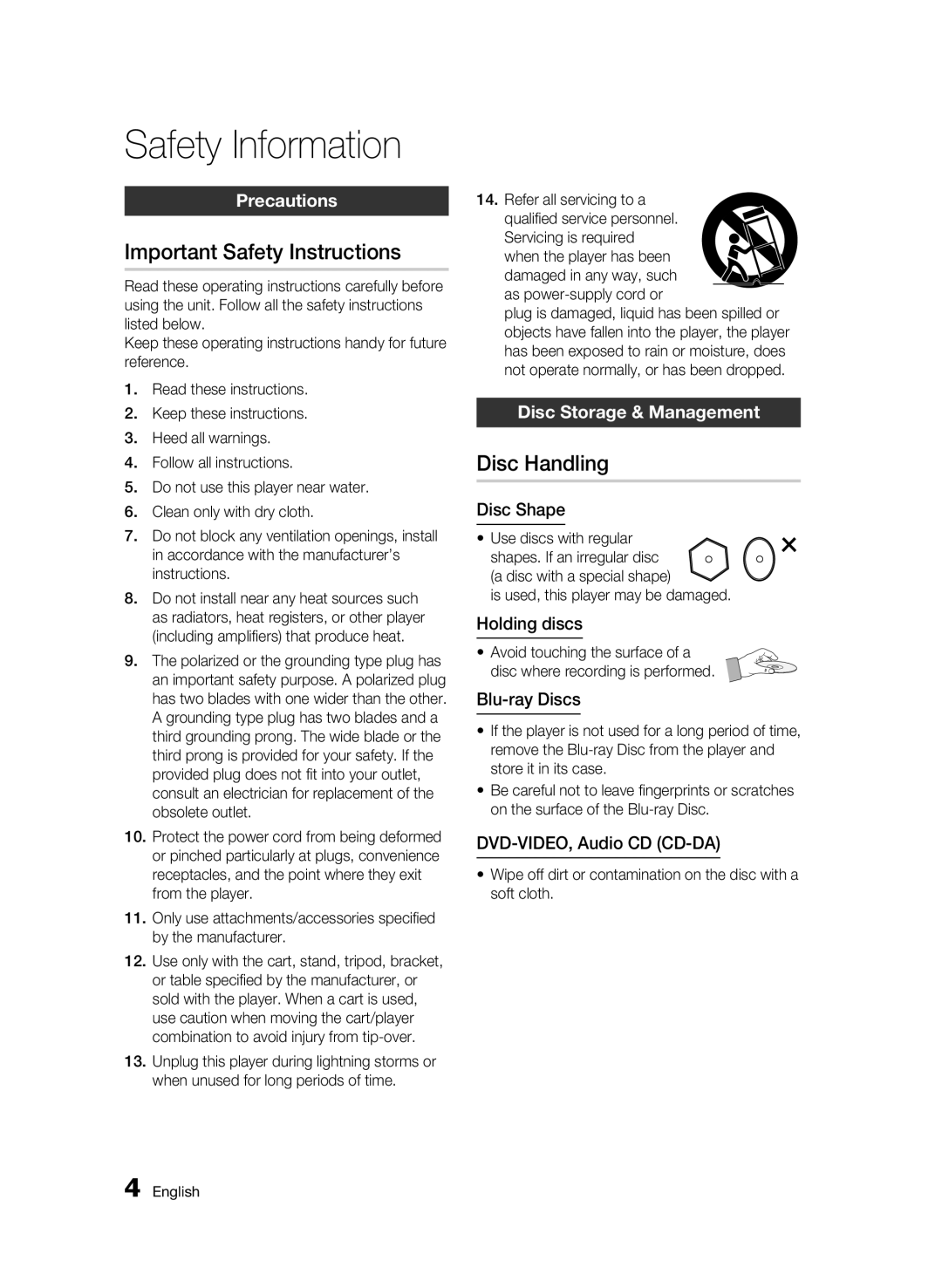 Samsung AK68-01859B user manual Important Safety Instructions, Disc Handling, Precautions, Disc Storage & Management 