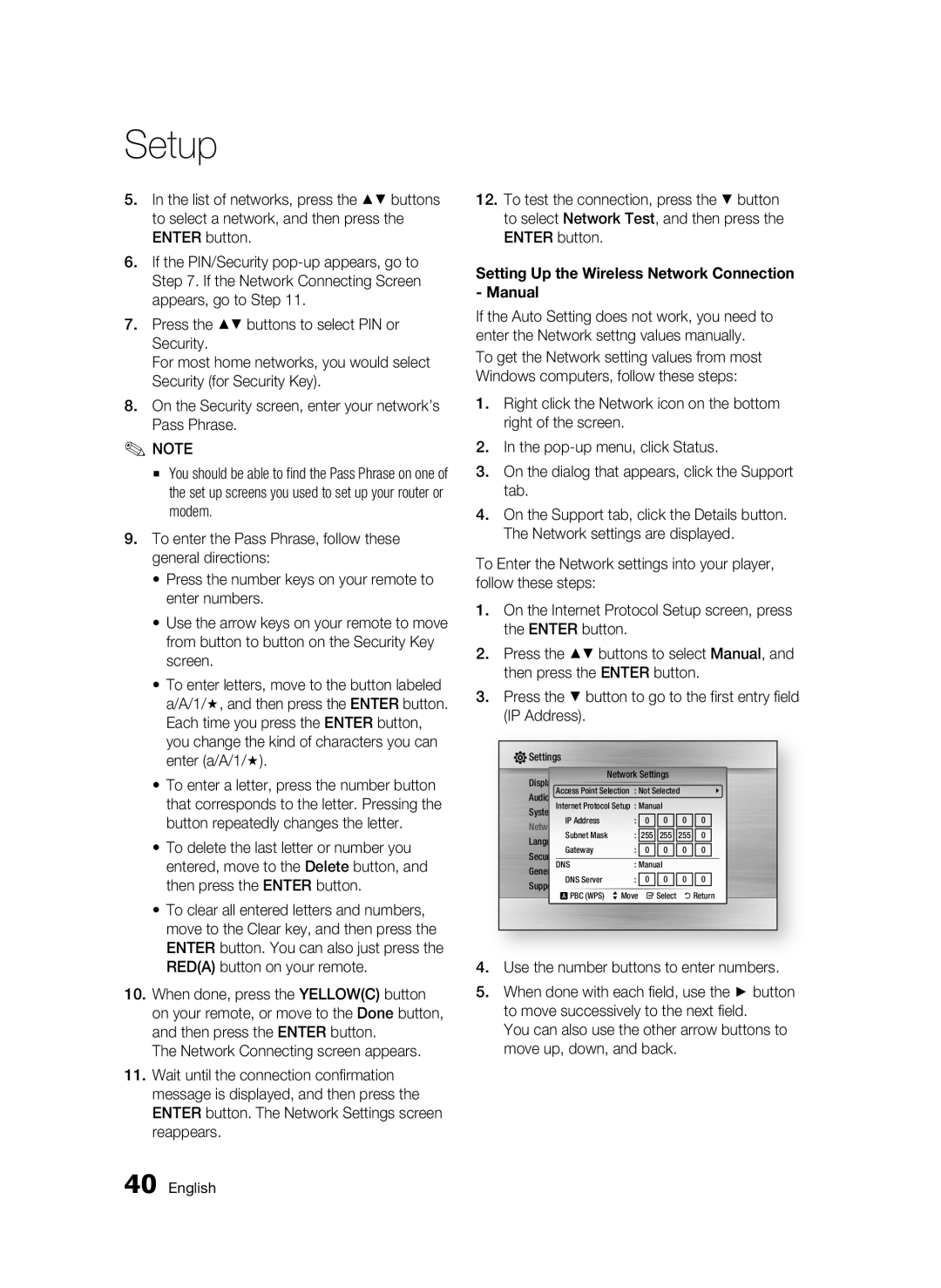 Samsung AK68-01859B user manual Setting Up the Wireless Network Connection Manual, Use the number buttons to enter numbers 