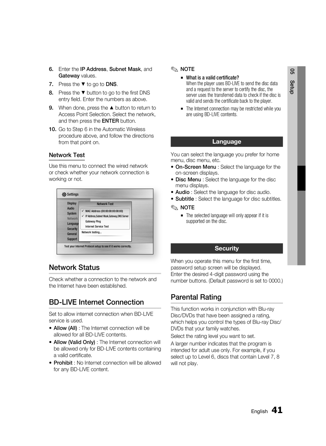 Samsung AK68-01859B user manual Network Status, BD-LIVE Internet Connection, Parental Rating, Language, Security 