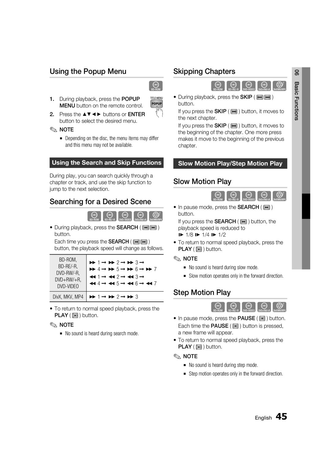 Samsung AK68-01859B user manual Using the Popup Menu, Skipping Chapters, Searching for a Desired Scene, Slow Motion Play 