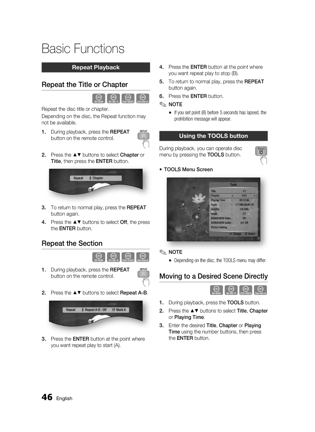 Samsung AK68-01859B Repeat the Title or Chapter, Repeat the Section, Moving to a Desired Scene Directly, Repeat Playback 