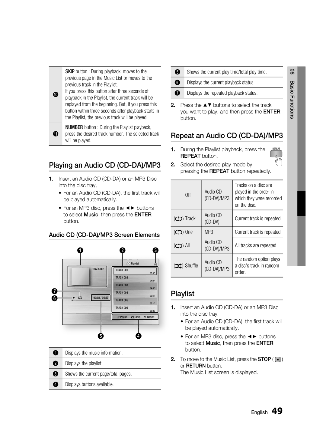 Samsung AK68-01859B user manual Playing an Audio CD CD-DA/MP3, Repeat an Audio CD CD-DA/MP3, Playlist, Cd-Da 