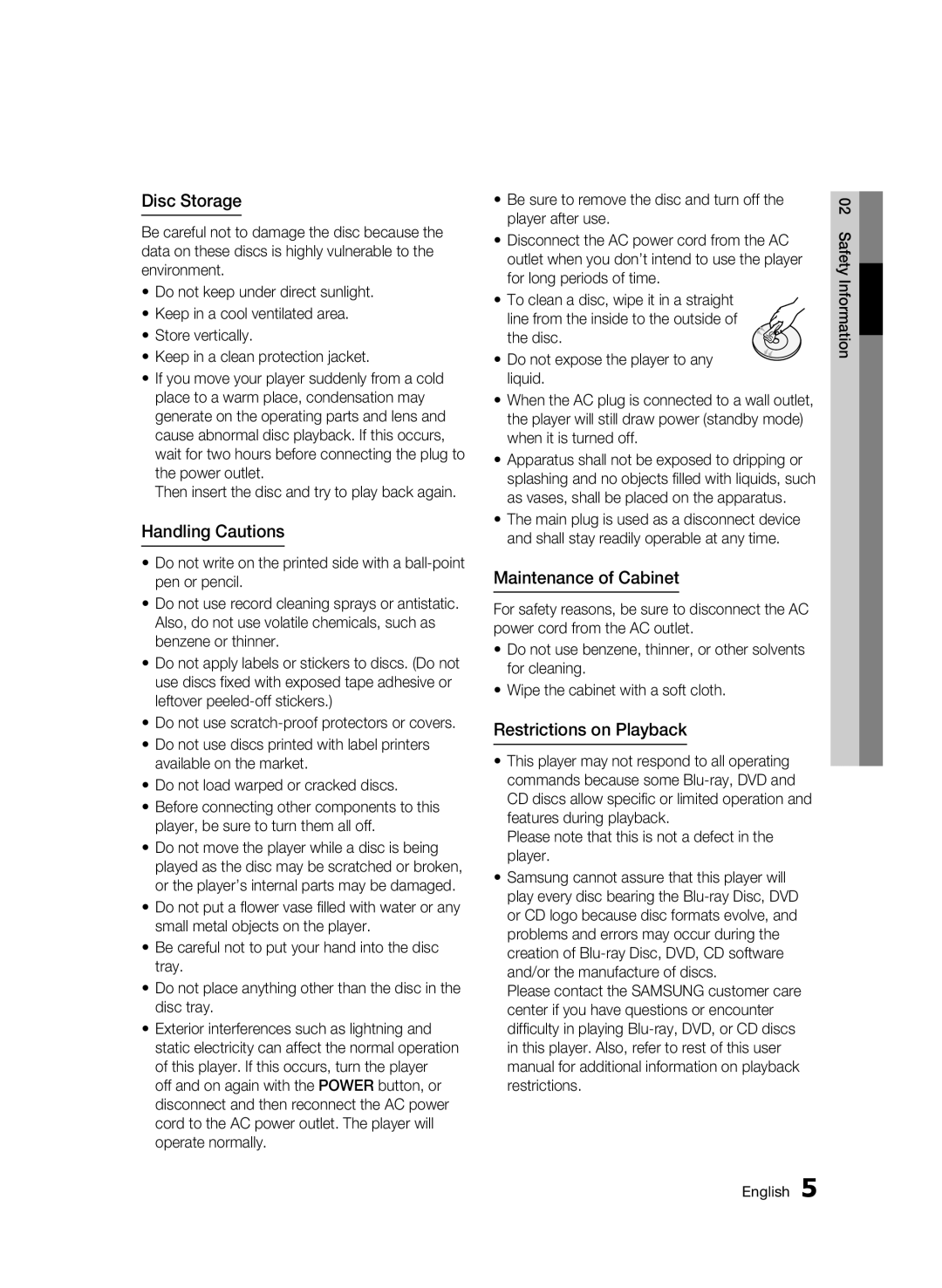 Samsung AK68-01859B user manual Disc Storage, Handling Cautions, Maintenance of Cabinet, Restrictions on Playback 