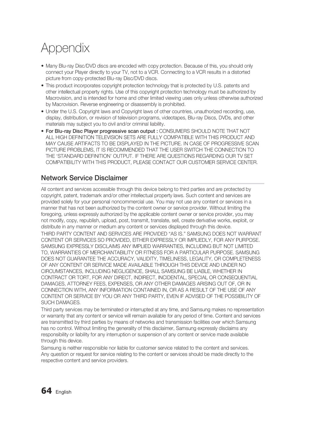 Samsung AK68-01859B user manual Network Service Disclaimer 