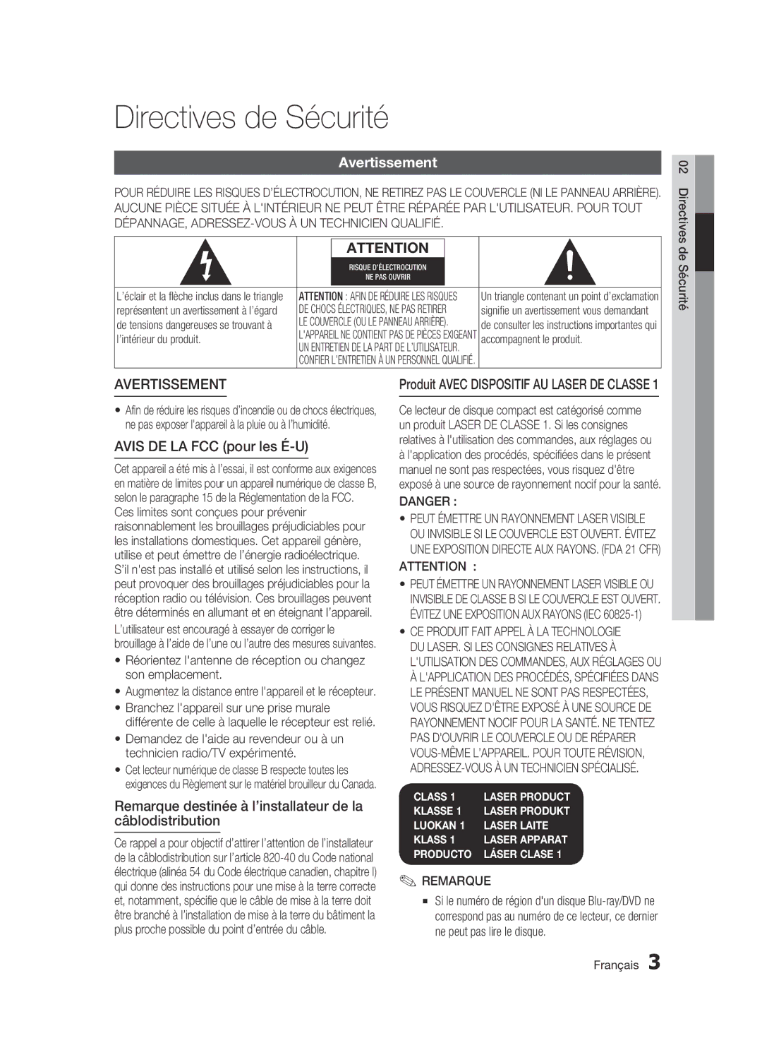 Samsung AK68-01859B user manual Directives de Sécurité, Avertissement, Avis DE LA FCC pour les É-U, Remarque 