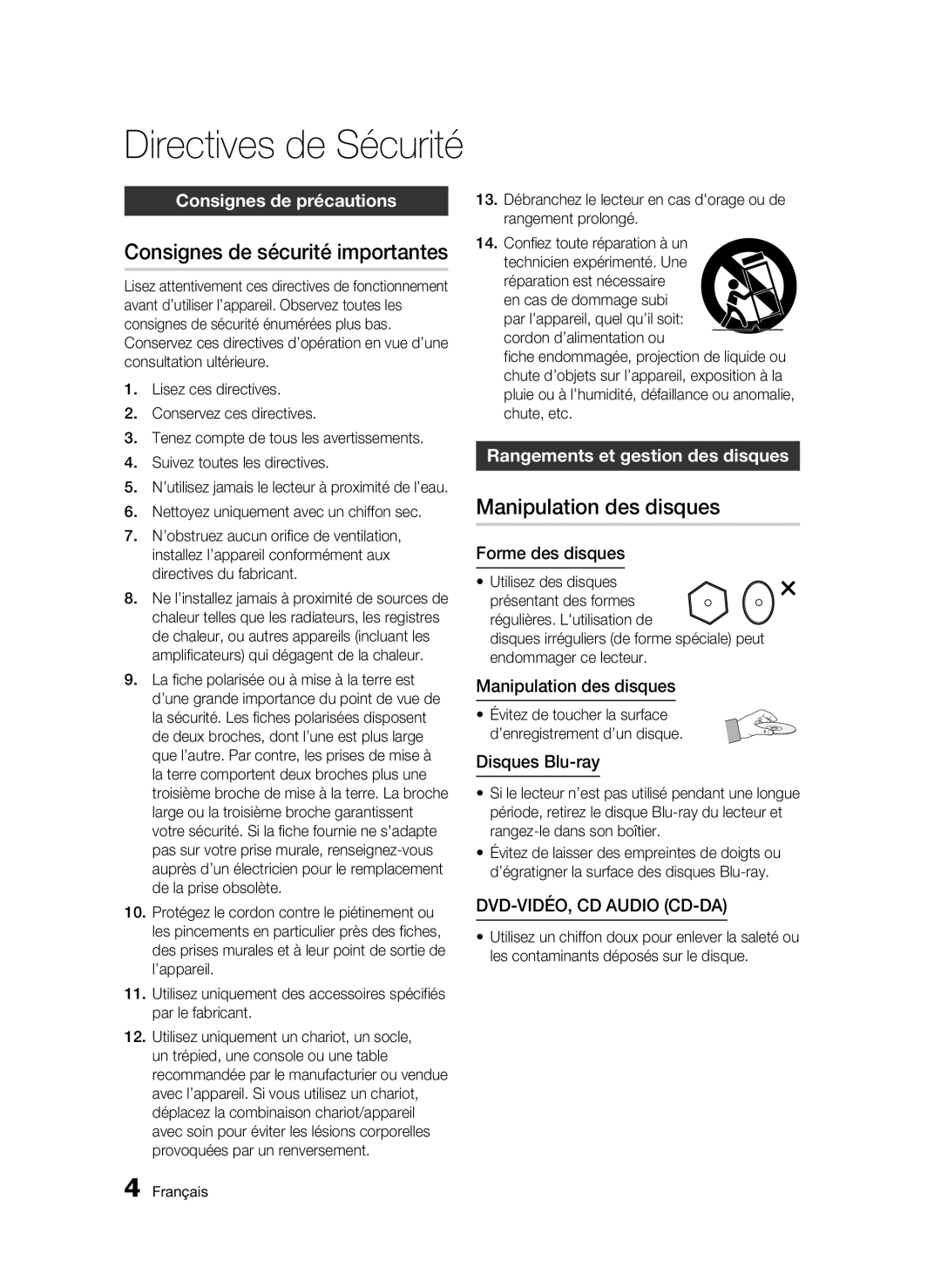 Samsung AK68-01859B user manual Consignes de sécurité importantes, Manipulation des disques, Consignes de précautions 