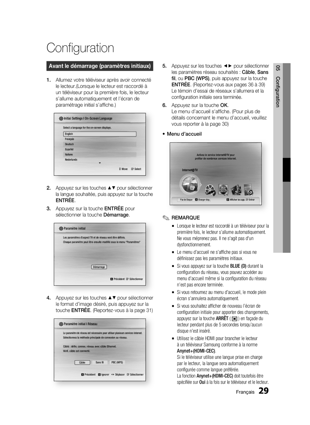 Samsung AK68-01859B user manual Configuration, Avant le démarrage paramètres initiaux, Entrée, Appuyez sur la touche OK 