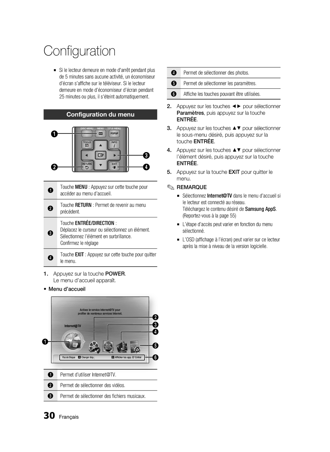 Samsung AK68-01859B user manual Configuration du menu, Accéder au menu d’accueil, Précédent Touche ENTRÉE/DIRECTION 