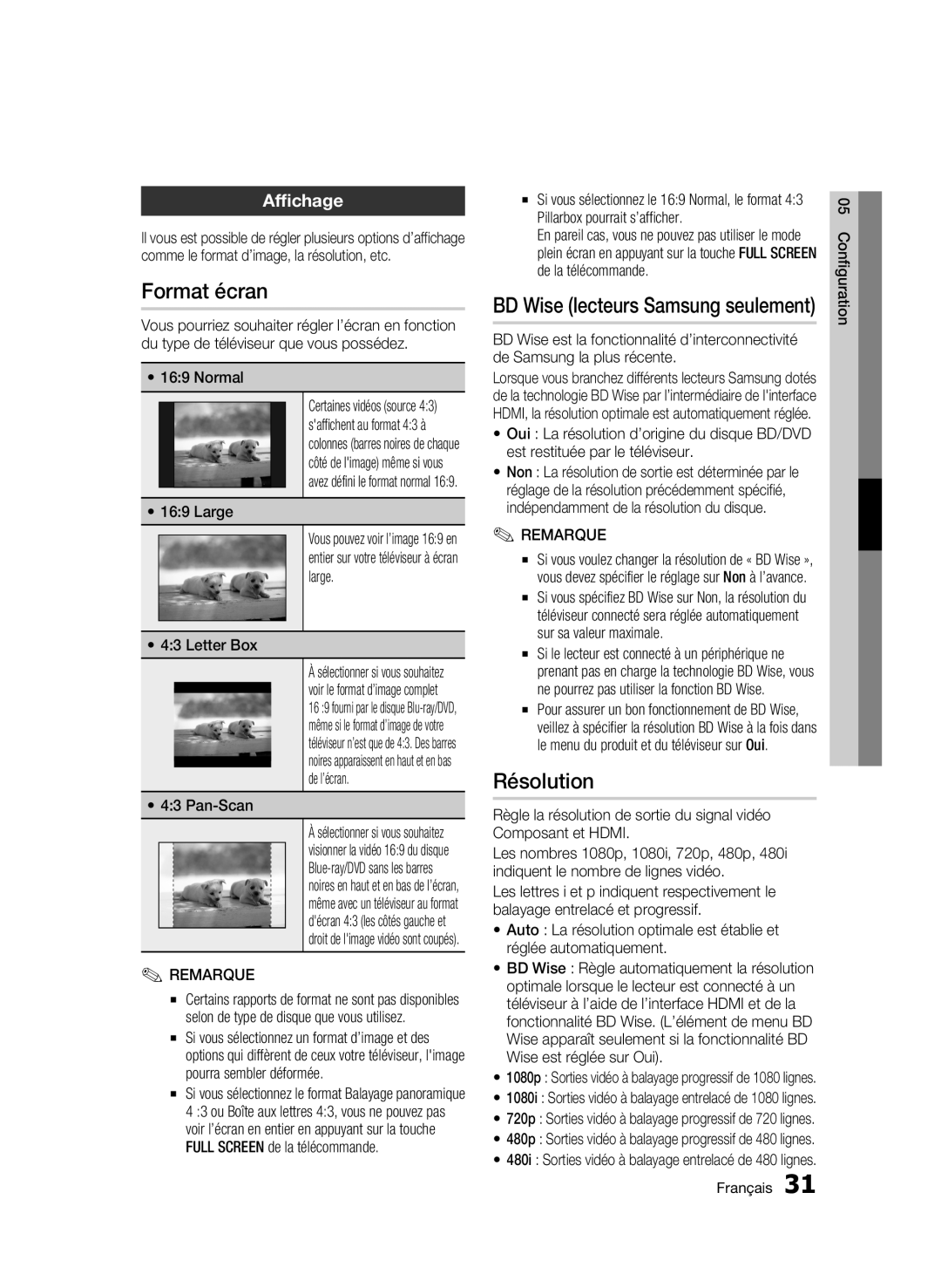 Samsung AK68-01859B user manual Format écran, Résolution, Affichage, Large, Configuration Français 