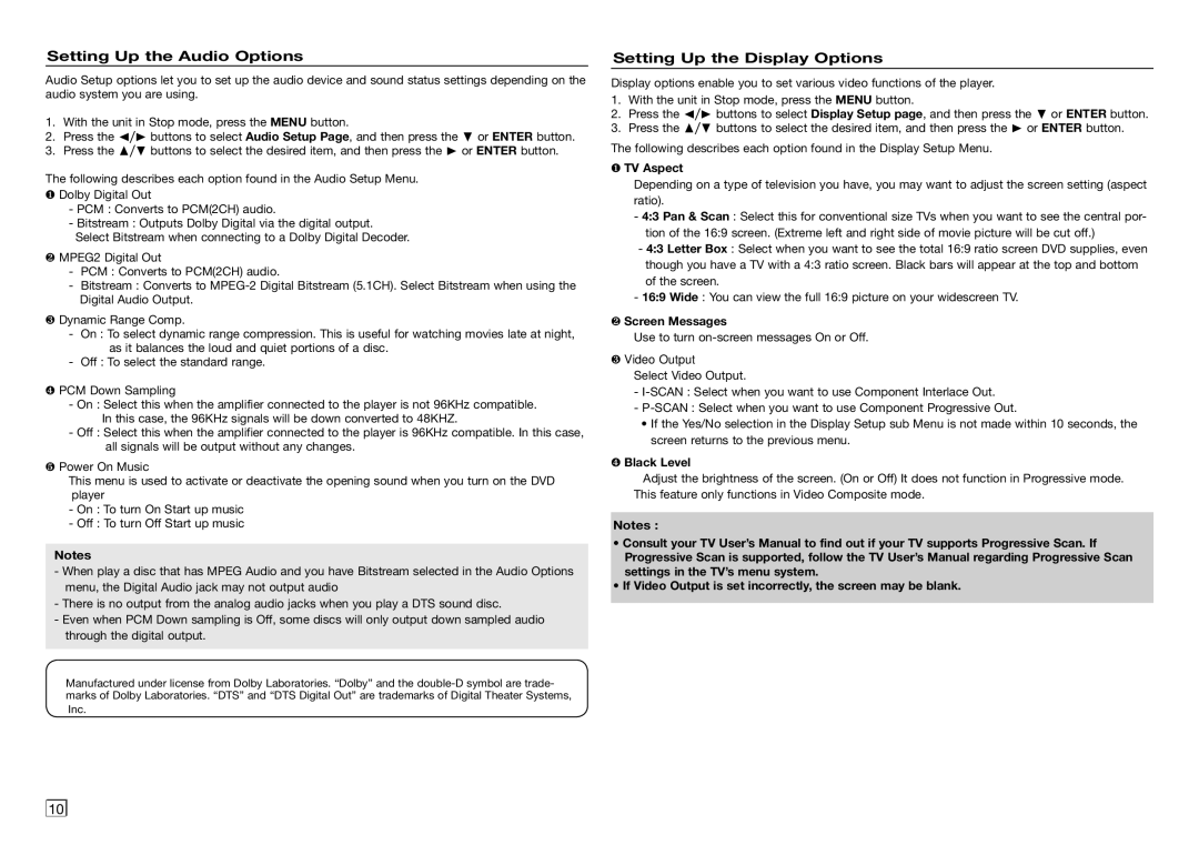 Samsung AK68-01906A Setting Up the Audio Options, Setting Up the Display Options, ❶ TV Aspect, ❷ Screen Messages 