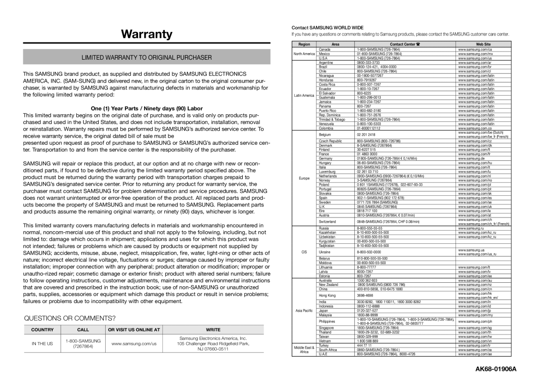 Samsung AK68-01906A, AH68-02062R user manual Warranty, One 1 Year Parts / Ninety days 90 Labor 