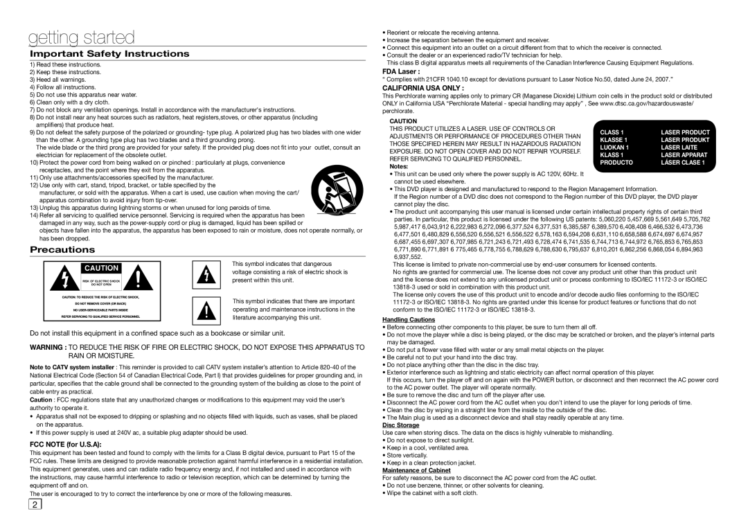 Samsung AK68-01906A user manual Getting started, Important Safety Instructions, Precautions, FCC Note for U.S.A, FDA Laser 