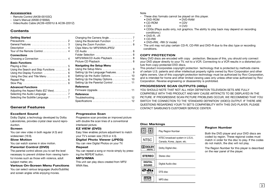 Samsung AH68-02062R, AK68-01906A user manual Contents, General Features 