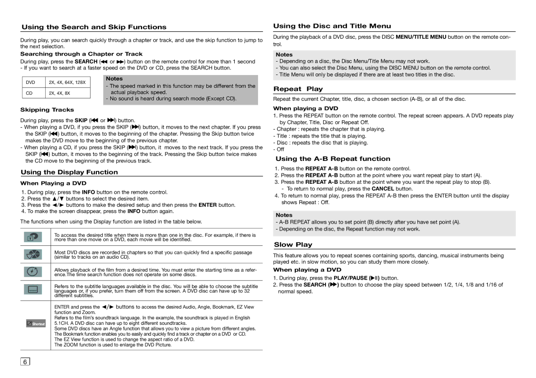 Samsung AK68-01906A user manual Using the Search and Skip Functions, Using the Disc and Title Menu, Repeat Play, Slow Play 